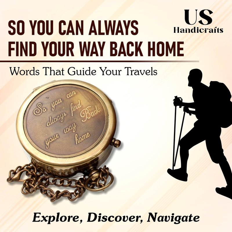 US HANDICRAFTS So You Can Always Find Your Way Back Home Engraved Brass Compass with Wooden Box | Inspirational Gift for Graduation, Birthday, Anniversary, Baptism, Valentine’s Day, Outdoor Adventures