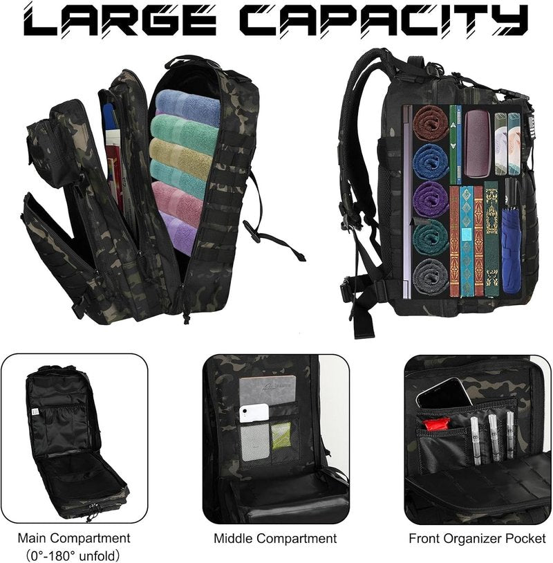 Military Backpack for Men - 45L Tactical Molle Rucksack | Heavy Duty Camouflage Bug Out Bag for Hiking & Gym