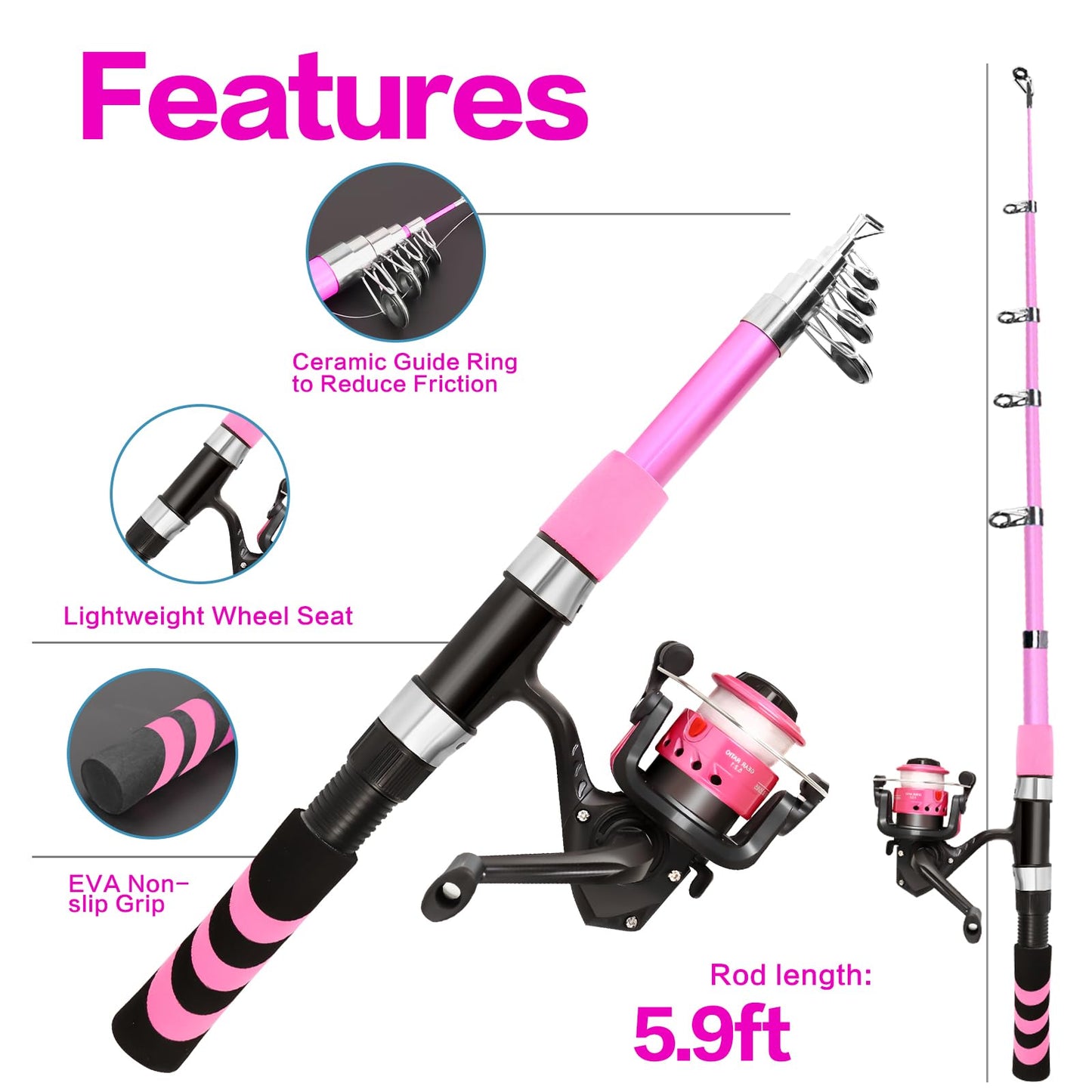 Yoilreyl Kids Fishing Rod and Reel Combo Push Button Small Collapsible Telescopic Fishing Pole Kit Beginner Youth Girls Fishing Starter Set Tackle (Spinning Rod, 5.91FT,Pink)