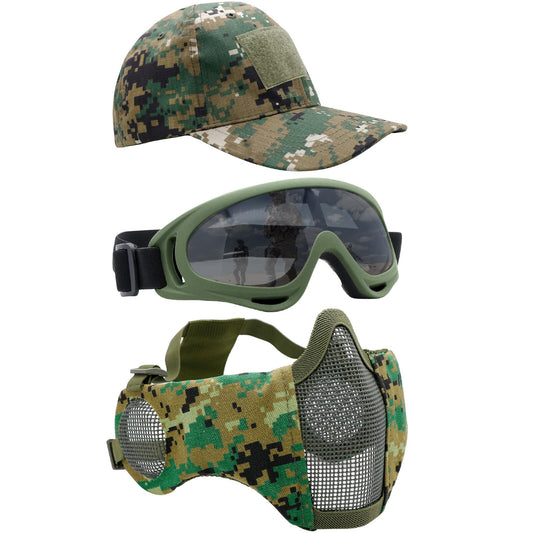 Yzpacc Airsoft Half Face Mask with Goggles Patch Hat Set Tactical Masks Full Face Ear Protective Baseball Cap for CS Halloween and Game