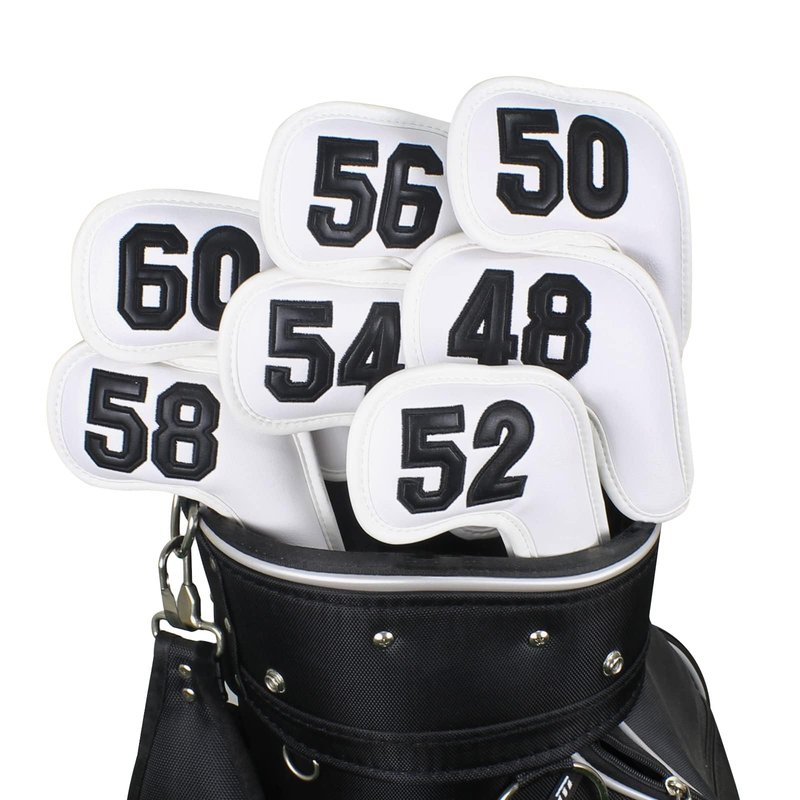 Scott Edward Prof 7Pcs Leather Wedge Golf Iron Head Covers Protective Club Waterproof & Scratch Resistant 48 50 52 54 56 58 60 Degree (White Black Number)