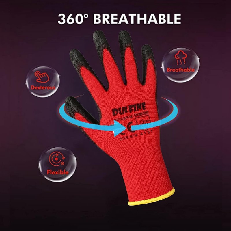DULFINE Safety Work Gloves - PU Coated Red Seamless Knit with Smooth Grip | Large, 12 Pairs for Men & Women
