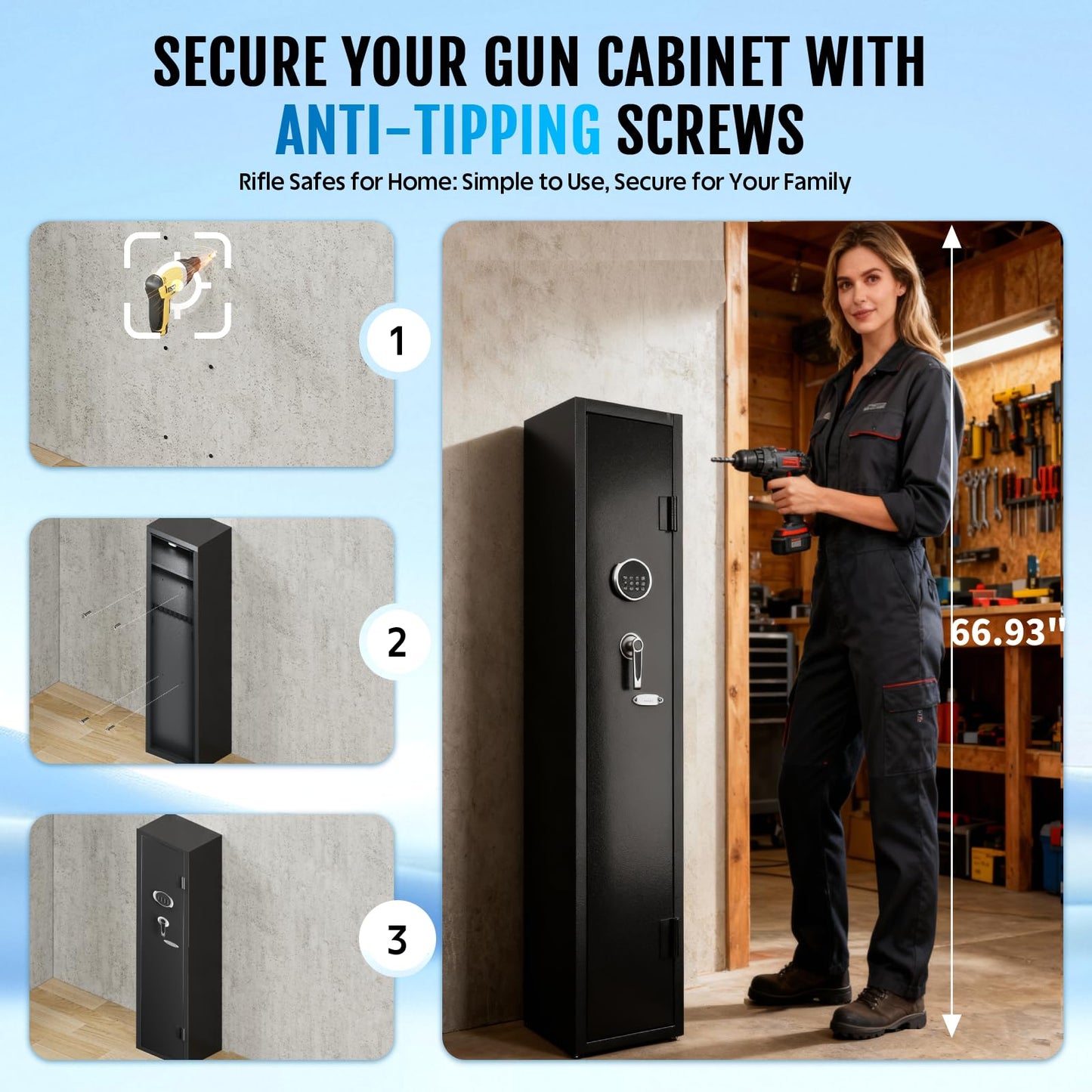 KAER 2-3 Gun Safe,Rifle Safe,Gun Safe for Rifles and Pistols,Gun Cabinet for Shotguns,Long Gun Cabinet for Shotguns with Removable Storage Shelf,LED Light,Quick Access Rifle Safes,Adjustable Shelves