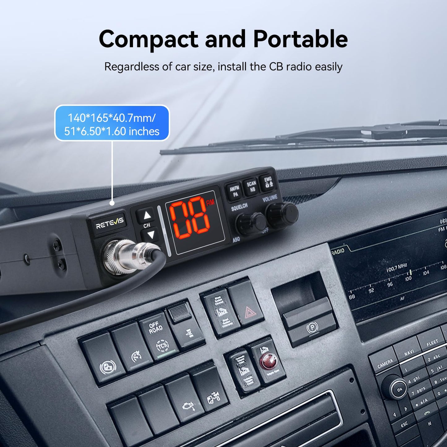 Retevis MB3A 40-Channel AM/FM CB Radio Kit - Long Range Trucker Radio with Antenna, 12V/24V Cigarette Lighter, Noise Limiter, PA, Emergency Channels 9/19, Cooling System
