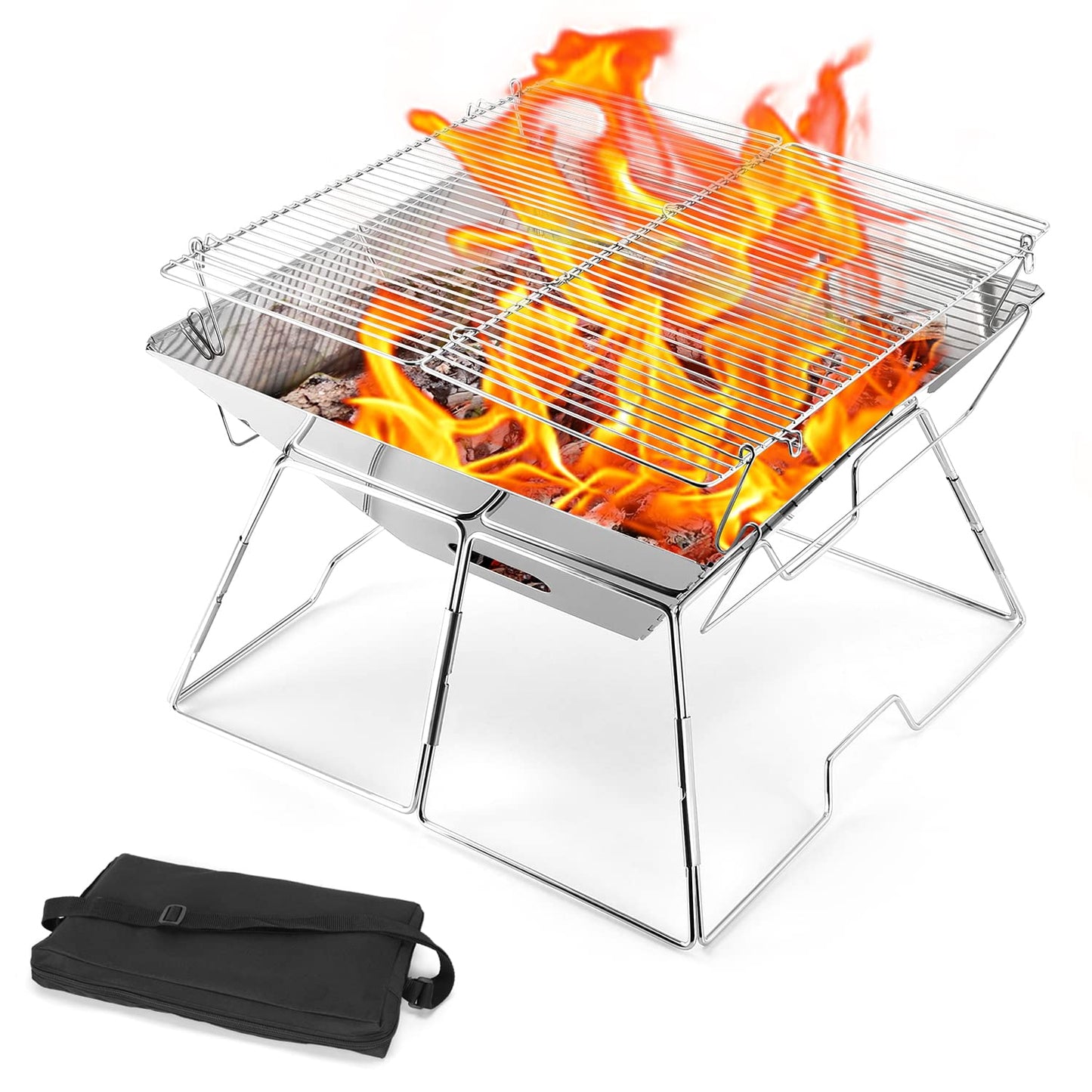 Odoland Folding Campfire Grill, Camping Fire Pit, Outdoor Wood Stove Burner, 304 Premium Stainless Steel, Portable Camping Charcoal Grill with Carrying Bag for Backpacking Hiking Travel Picnic BBQ