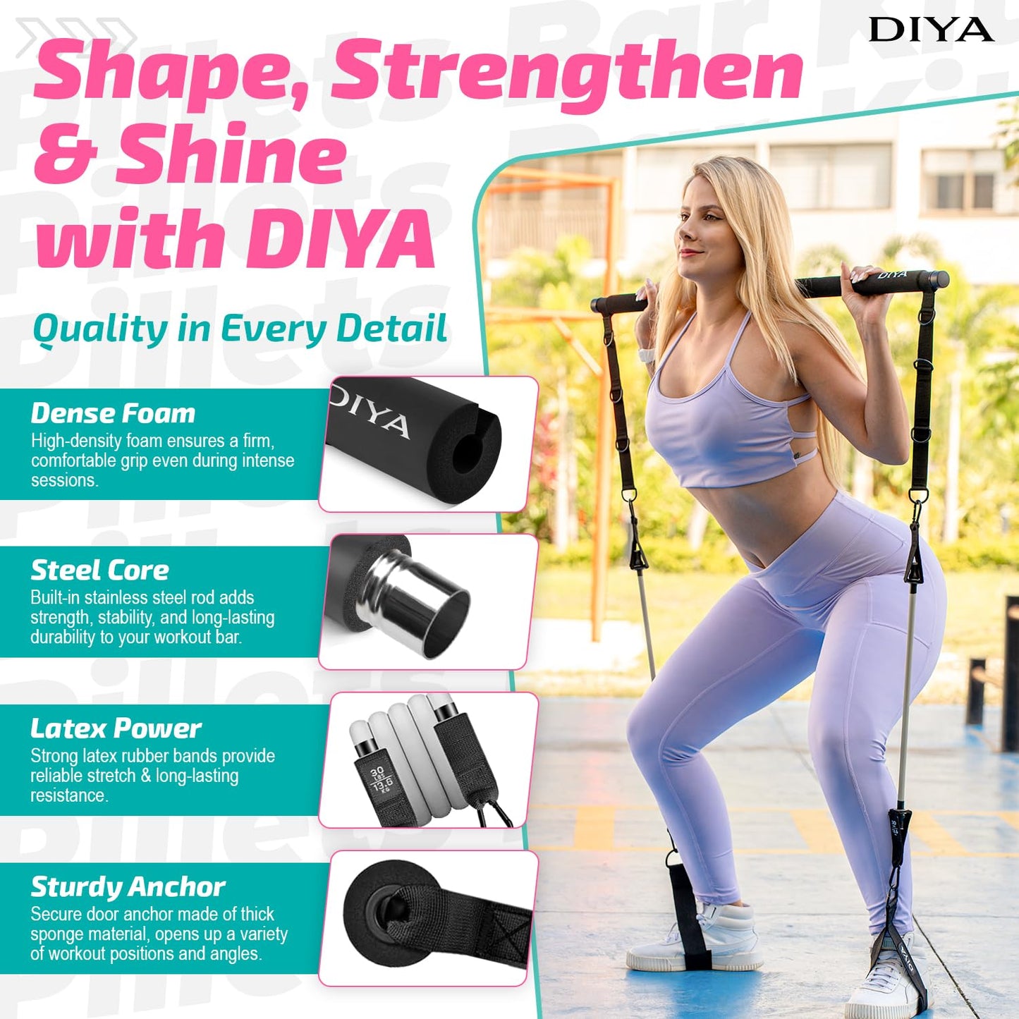 DIYA Pilates Bar Kit with Resistance Bands 140 lbs – Adjustable Portable Home Gym Workout Equipment for Women & Men – Full Body Fitness Bar for Legs, Glutes, Arms, Core & Back