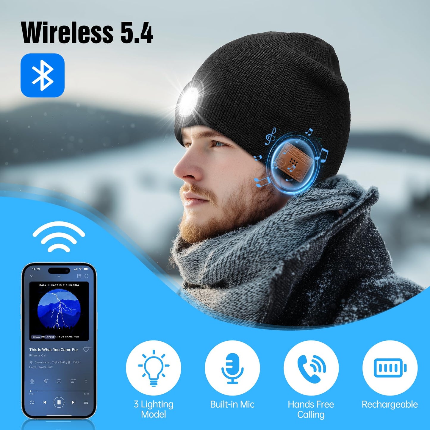 MUSIC Lighted Beanie (Bluetooth V5.4), Knitted hat with Built-in LED Lights, Microphone and Speaker