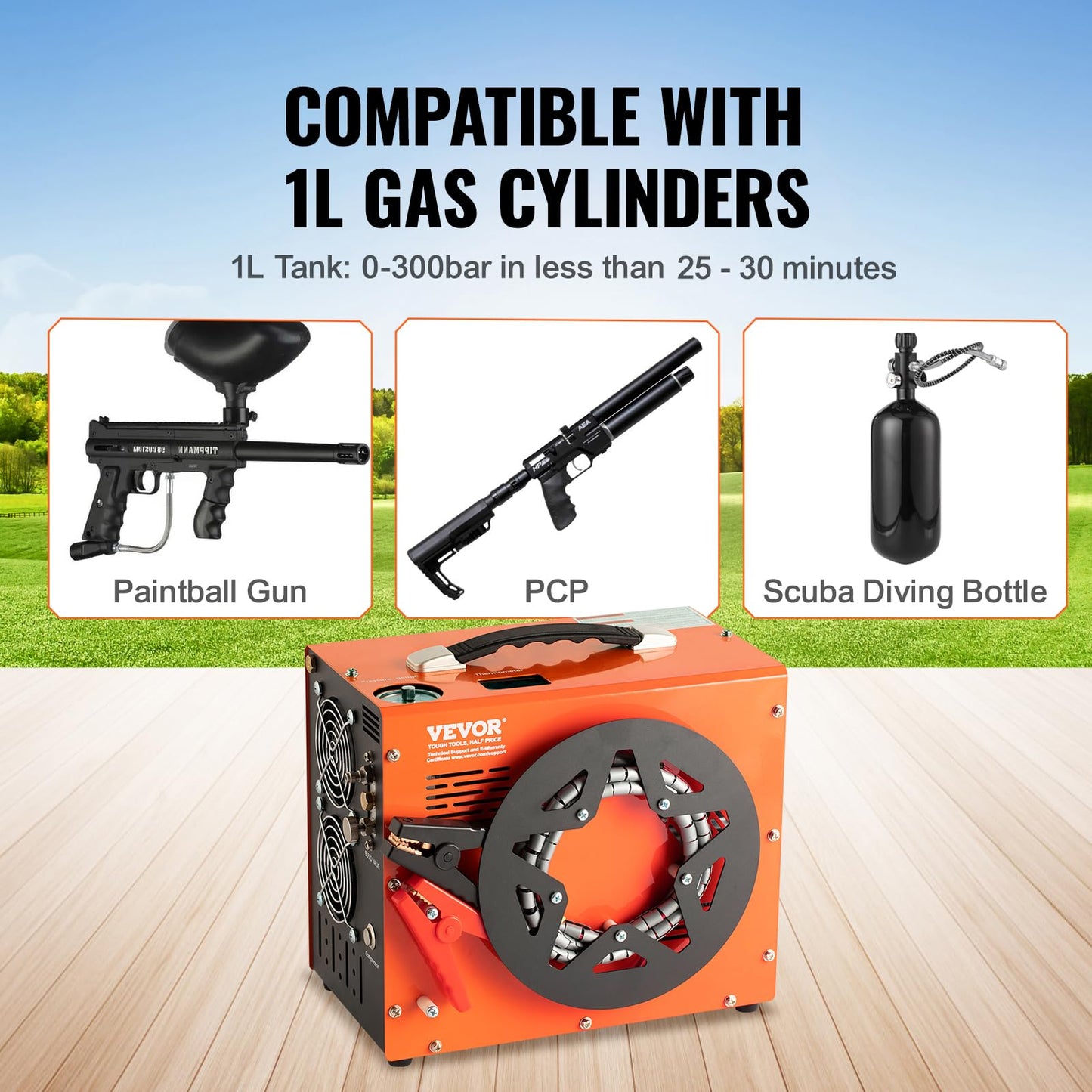 VEVOR PCP Air Compressor, 4500PSI/30Mpa Portable PCP Airgun Compressor with Built-in Power Converter, Auto-Stop | DC12V/AC120V | Oil & Water-Free Air Rifle, Paintball and Scuba Tank Compressor Pump