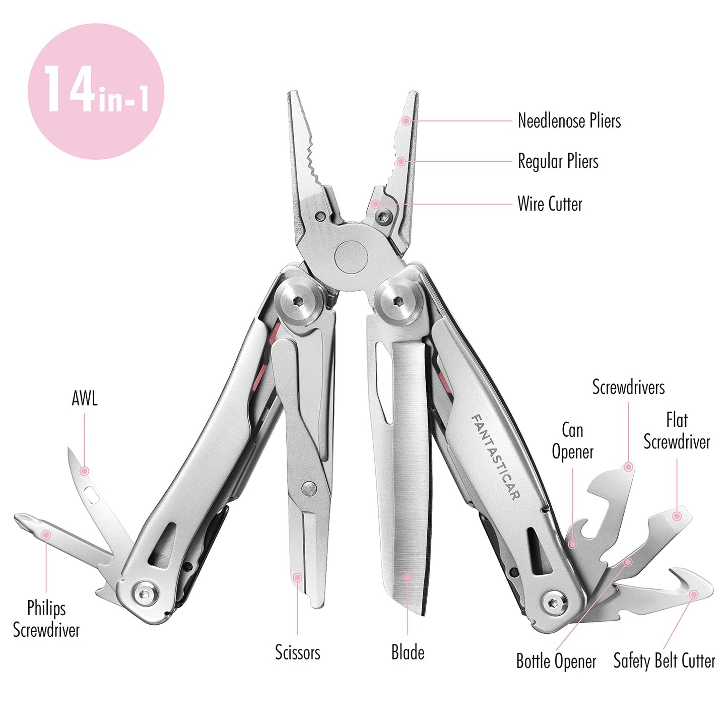 FantastiCAR 14 in 1 Multitool Pliers, Versatile Pocket Knife with Scissors, Knife Blade, Screwdriver, Bottle Opener, and Ideal for House or Camping Essentials, Holiday Gift Packaged (Pink)