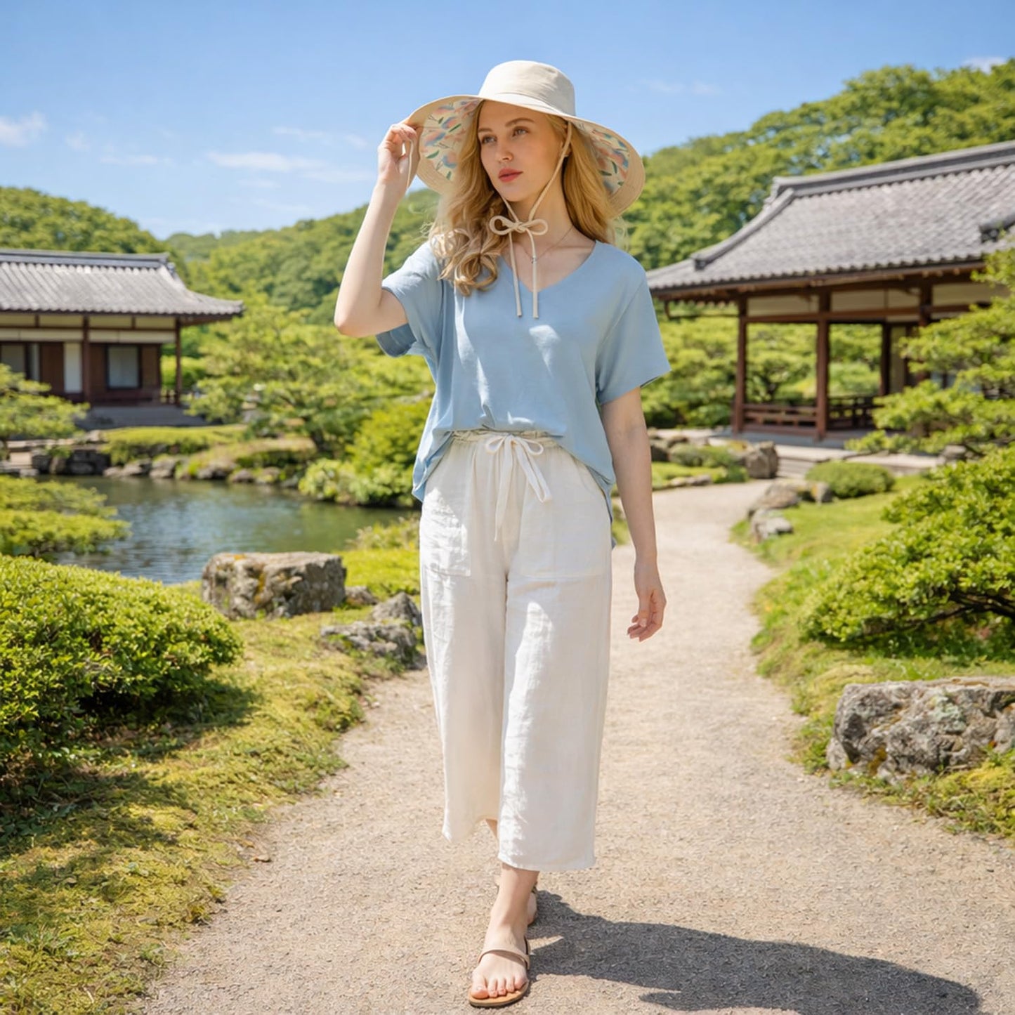 Wide Brim Sun Hat for Women Reversible Beach Hats Metal Wired Edge Gardening Hats, UPF 50+ Bucket Summer Hat