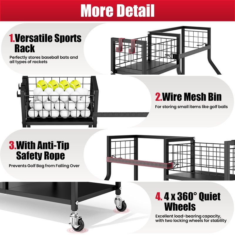 TOOLF Golf Bag Organizer, Golf Club Storage with Wheels, Sturdy Metal Golf Bag Holder Stand for Home, Garage, Outdoor, Includes 4 Storage Sections & Removable Hooks