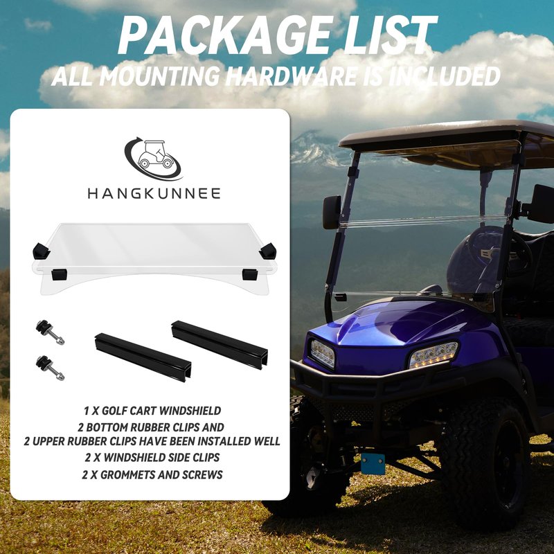 HANGKUNNEE Clear Club Car Windshield Replacement, Golf Cart Windshield Club Car DS, DS 2000.5-UP Foldable Golf Cart Front Windshield with Clear UV Protection Impact Resistant