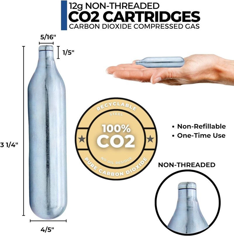 ICO 12 Gram CO2 Cartridges - Non-Threaded for BB Guns, Airsoft Pistols & Paintball Markers