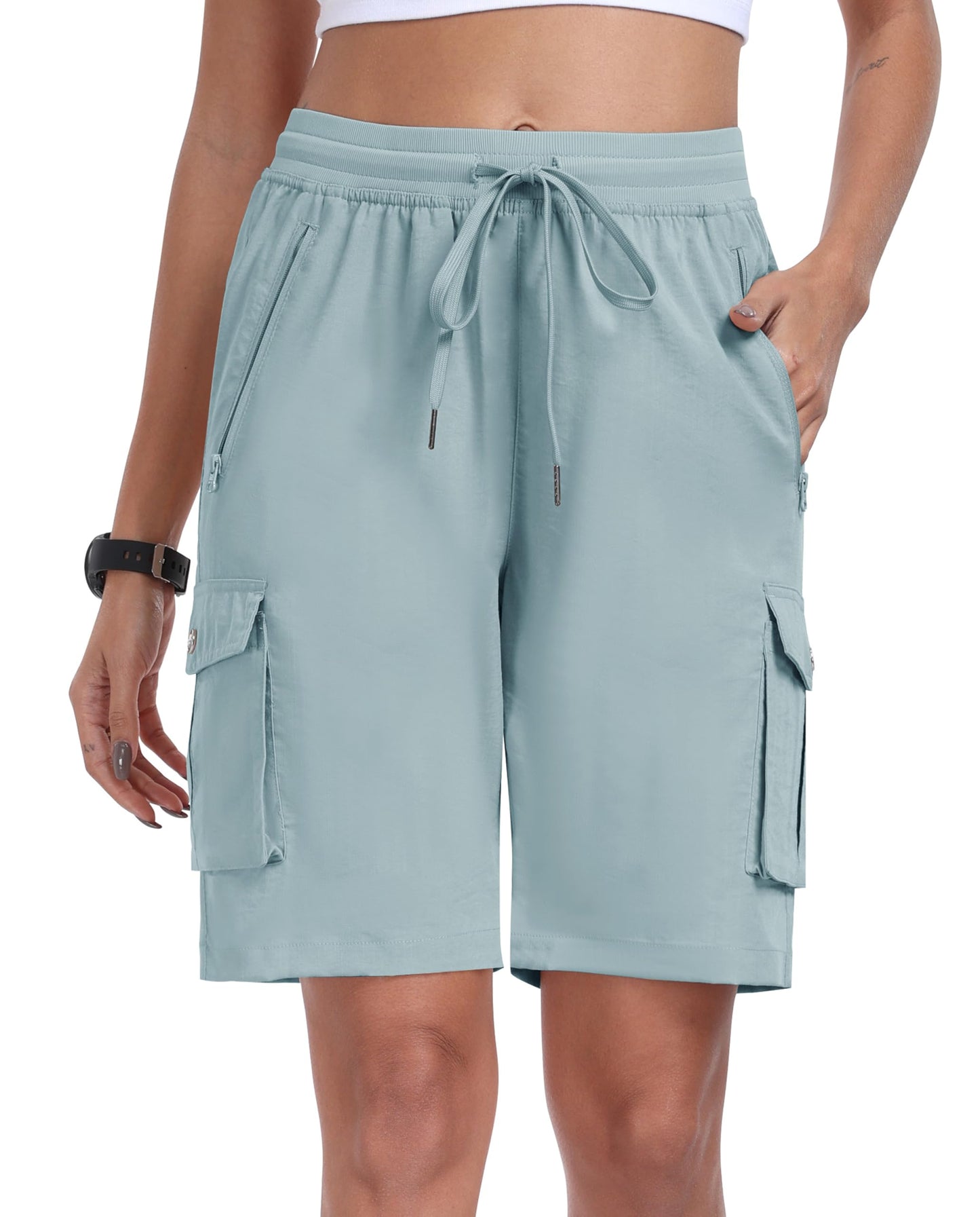 MoFiz Hiking Cargo Shorts for Women Outdoor Quick Dry Athletic Shorts for Boating Camping with Pockets Grey Blue L