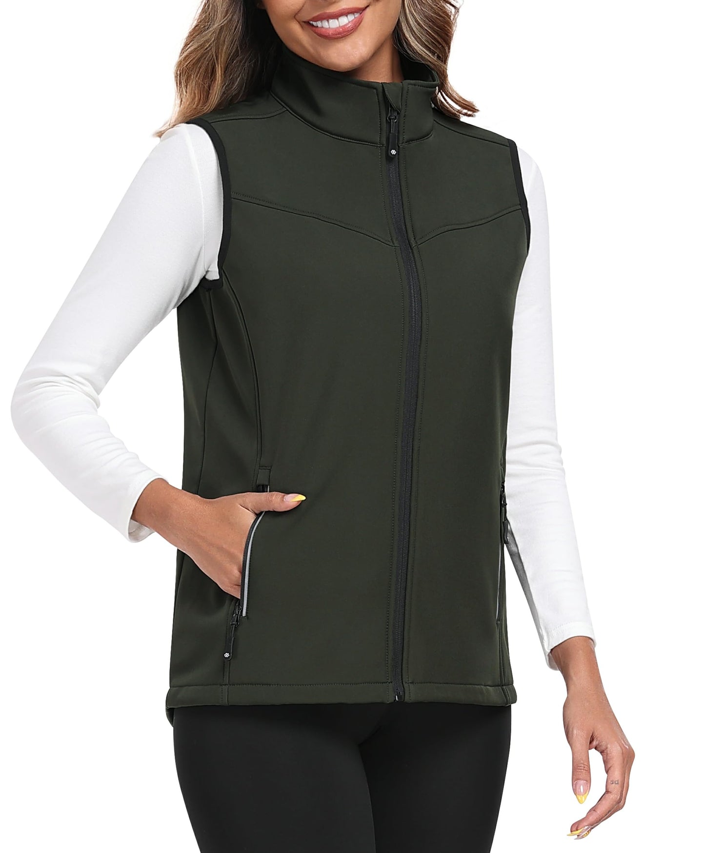 MoFiz Women's Lightweight Softshell Vest Windproof Fleece Lined Zip Up Sleeveless Insulated Jacket for Fall Winter Army Green M