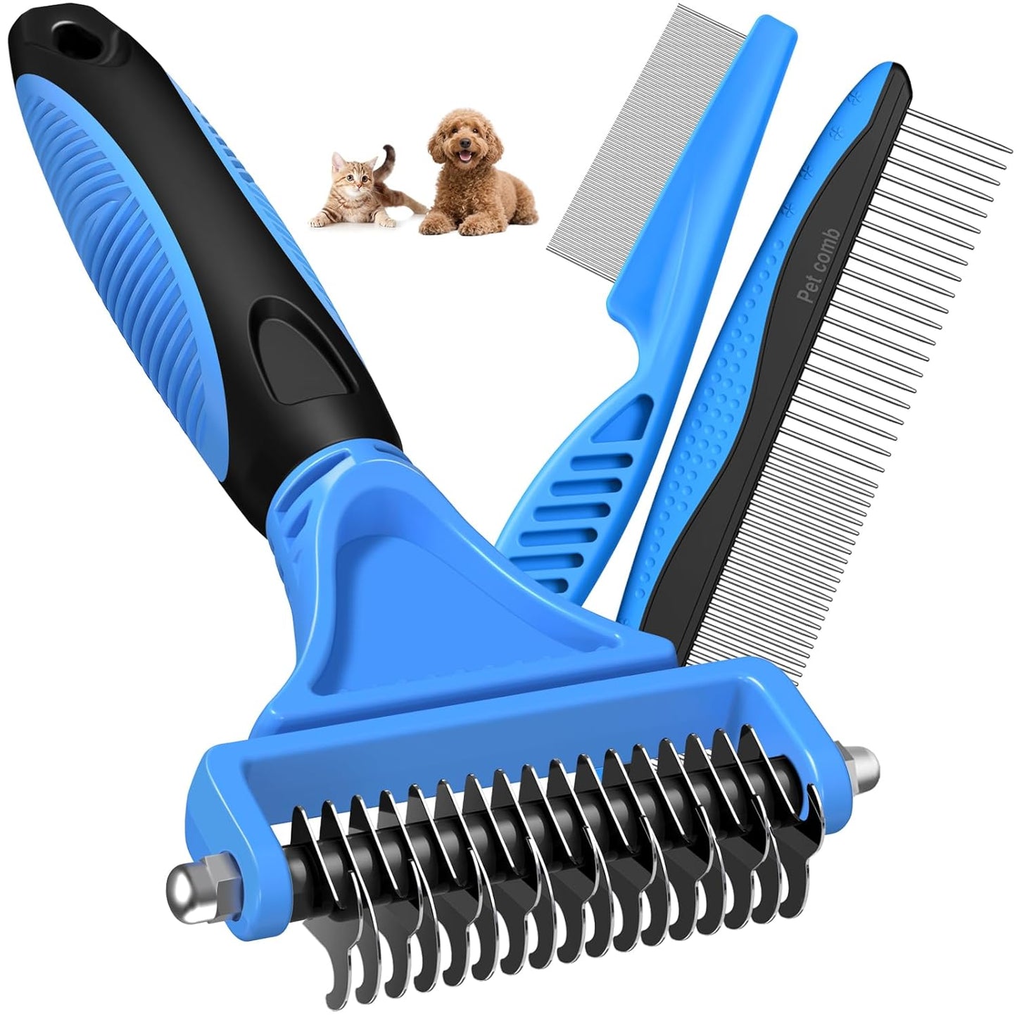 Pet Grooming Rake Set - Double-Sided Dematting Tool & Metal Comb for Cats and Dogs | Extra-Wide Deshedding Brush (Blue)