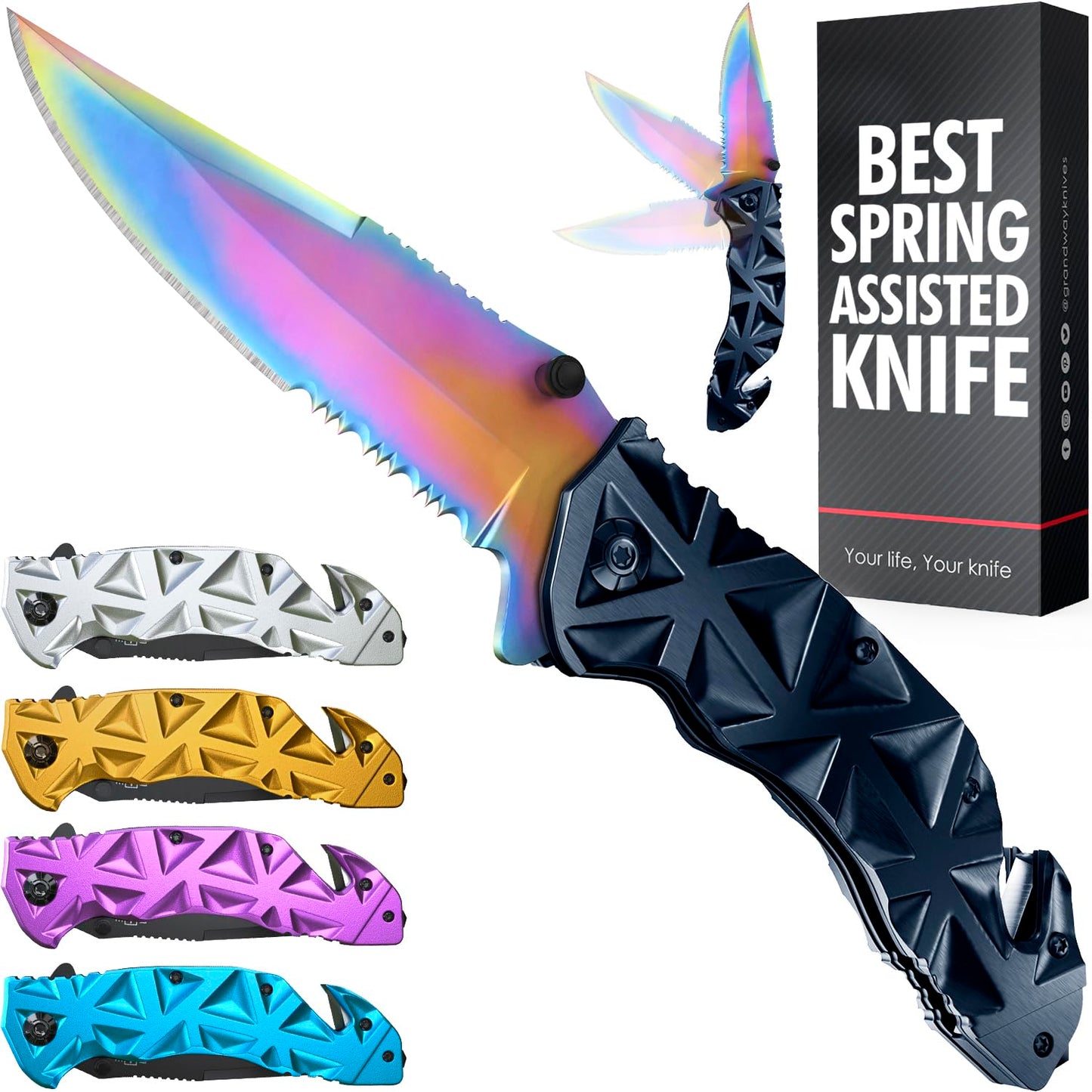 Rainbow Pocket Knife - Cute Knife with Glass Breaker, Seatbelt Cutter, Sharp Serrated Blade - Colorful Womens Knives - Cool Folding Knife for Self Defense Camp - Birthday Gifts for Women HB 207 BR