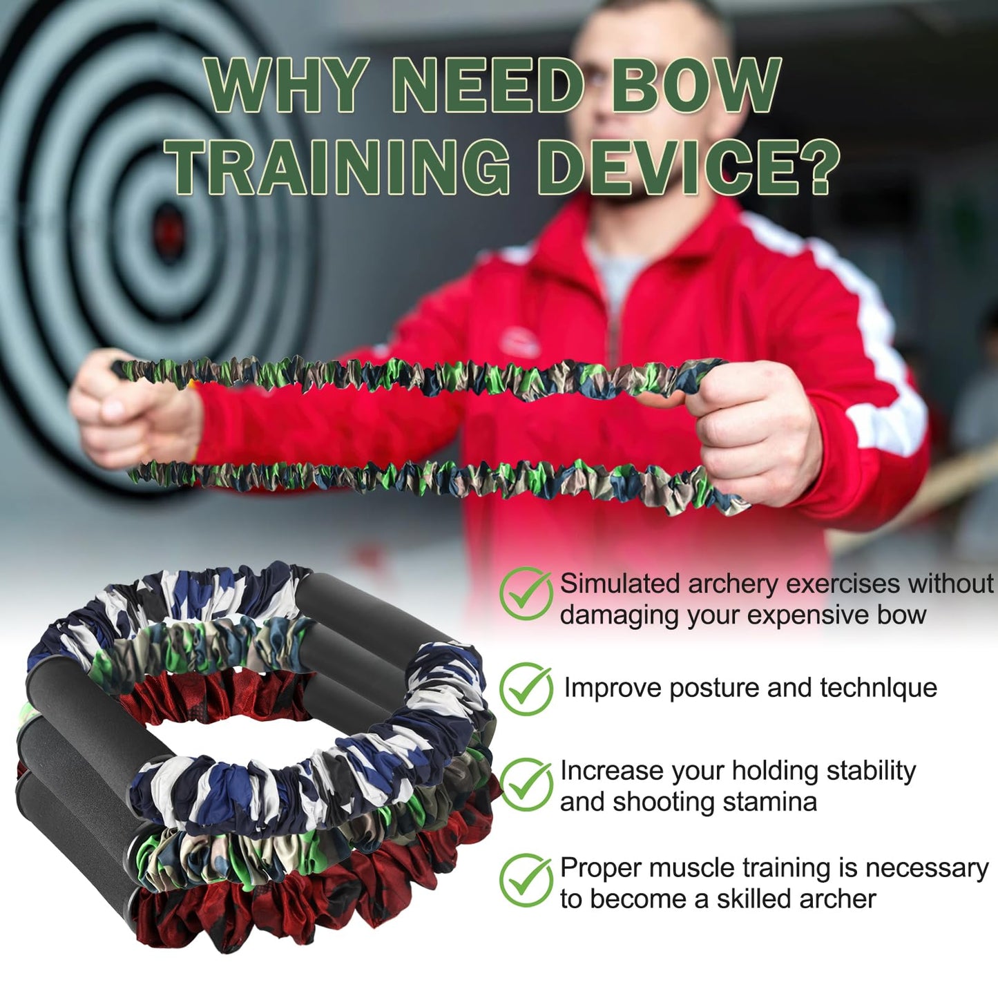 Archery Bow Trainer, 25 45 55 Lbs Archery Band Draw Exerciser Training, Rubber Strength Bands for Recurve Bow Compound Bow Shooting Beginner Experts (Green Camouflage - 45LBs for Intermediate)
