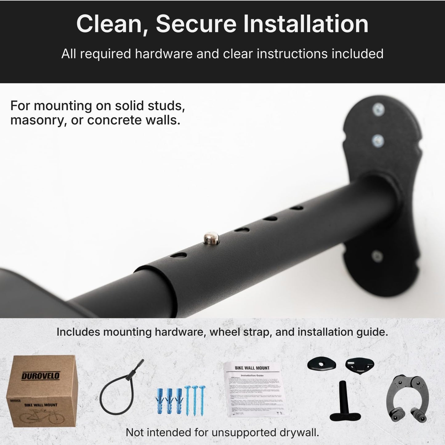 DUROVELO Bike Wall Mount - Horizontal Wall Hanger, Adjustable Design for Road, Mountain and Hybrid Bikes up to 48.5 lbs - Space-Saving Bike Rack for Garage or Apartment - Sturdy Indoor Bicycle Storage