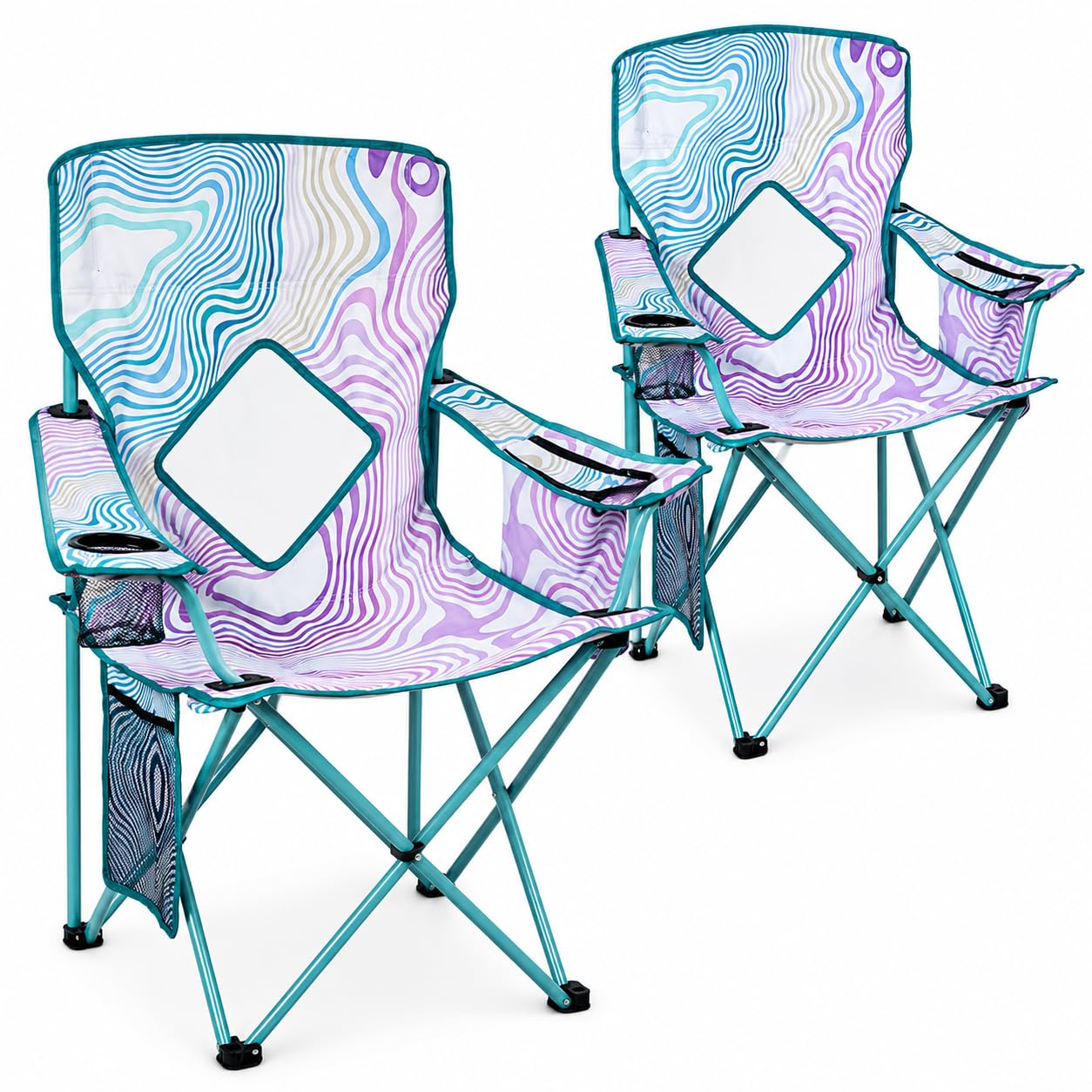 Nazhura 2 Pack Outdoor Camping Chairs Folding/Foldable/Portable with Cooler Pouch, Mesh Backrest and Cup Holder Pocket (Flower, Metal, 2 Pack)