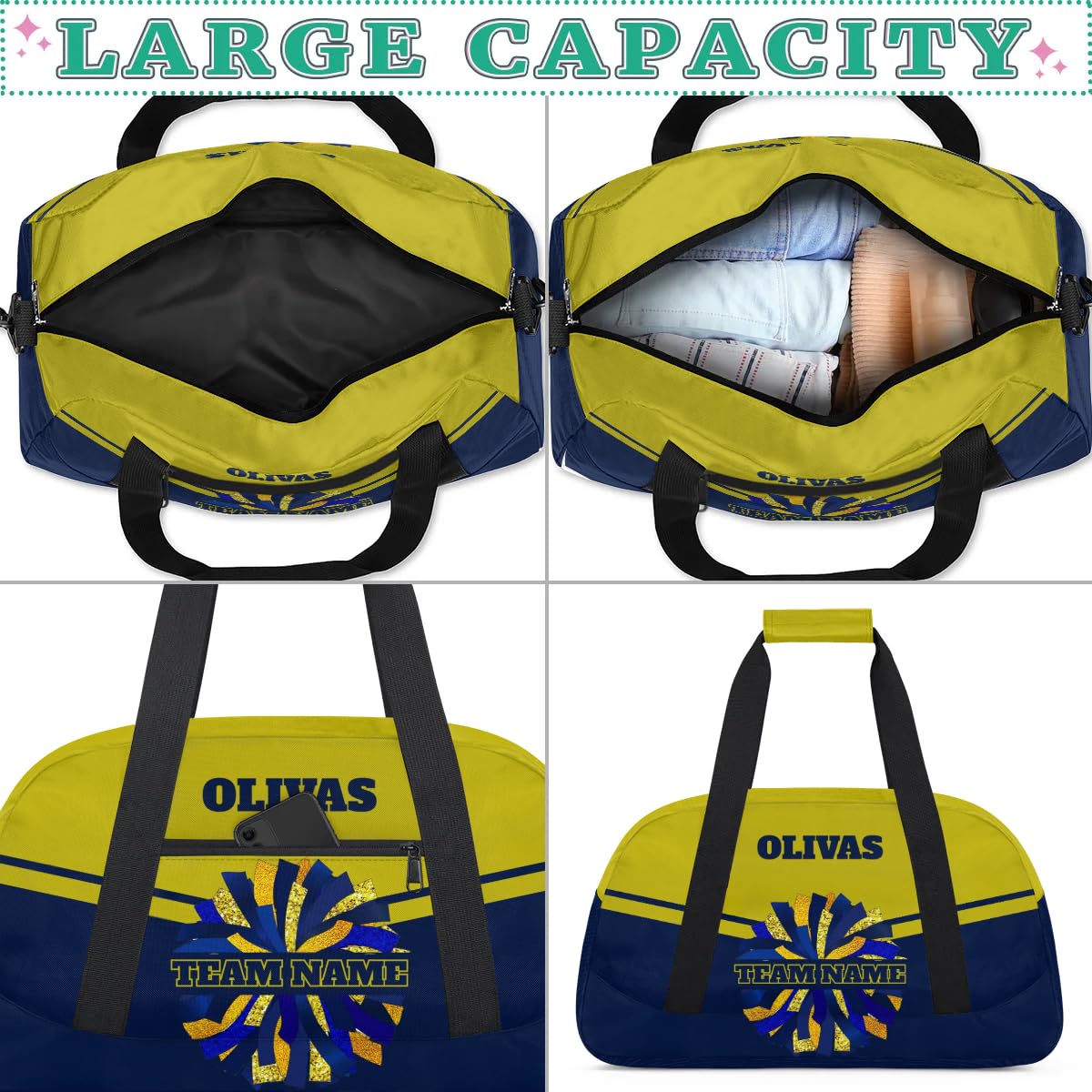 Personalized Cheerleader Bag Dance Bag for Girl, Custom Team Bag Gym Bag Sport Duffel Bag, Weekender Bags Travel Bag for Cheer Team Blue Gold Glam