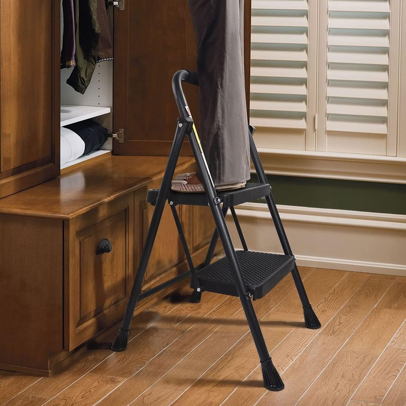 HBTower 2-Step Ladder - 500 lbs Capacity Folding Step Stool with Anti-Slip Pedals & Convenient Handgrip | Lightweight Black Design