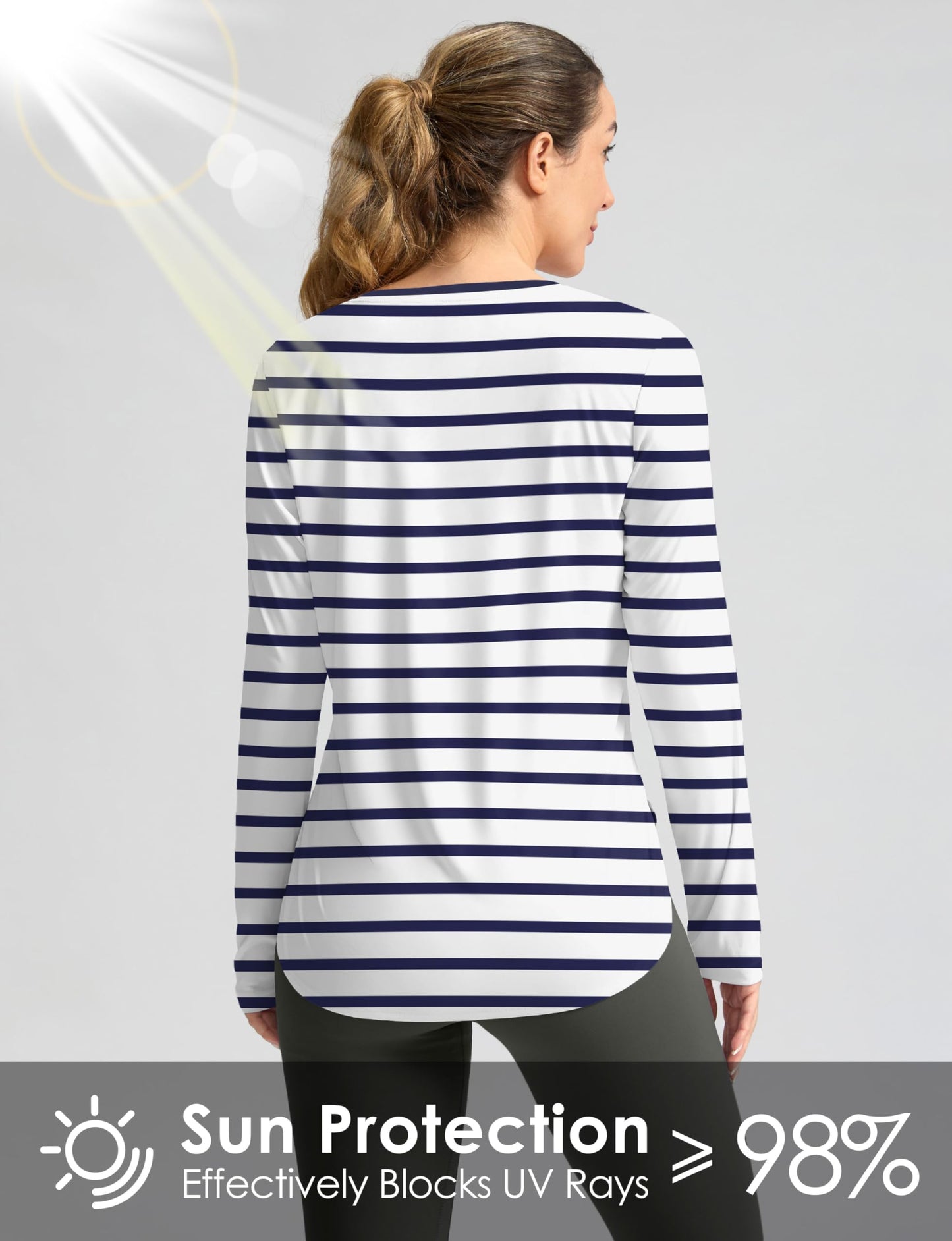 Women's Sun Shirts UPF 50+ Long Sleeve UV Protection Shirt Lightweight Quick Dry Workout Hiking Tops for Women(White/Deep Sea Stripe,XXXL)
