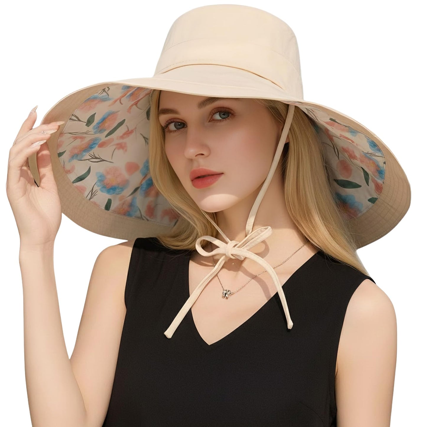 Wide Brim Sun Hat for Women Reversible Beach Hats Metal Wired Edge Gardening Hats, UPF 50+ Bucket Summer Hat