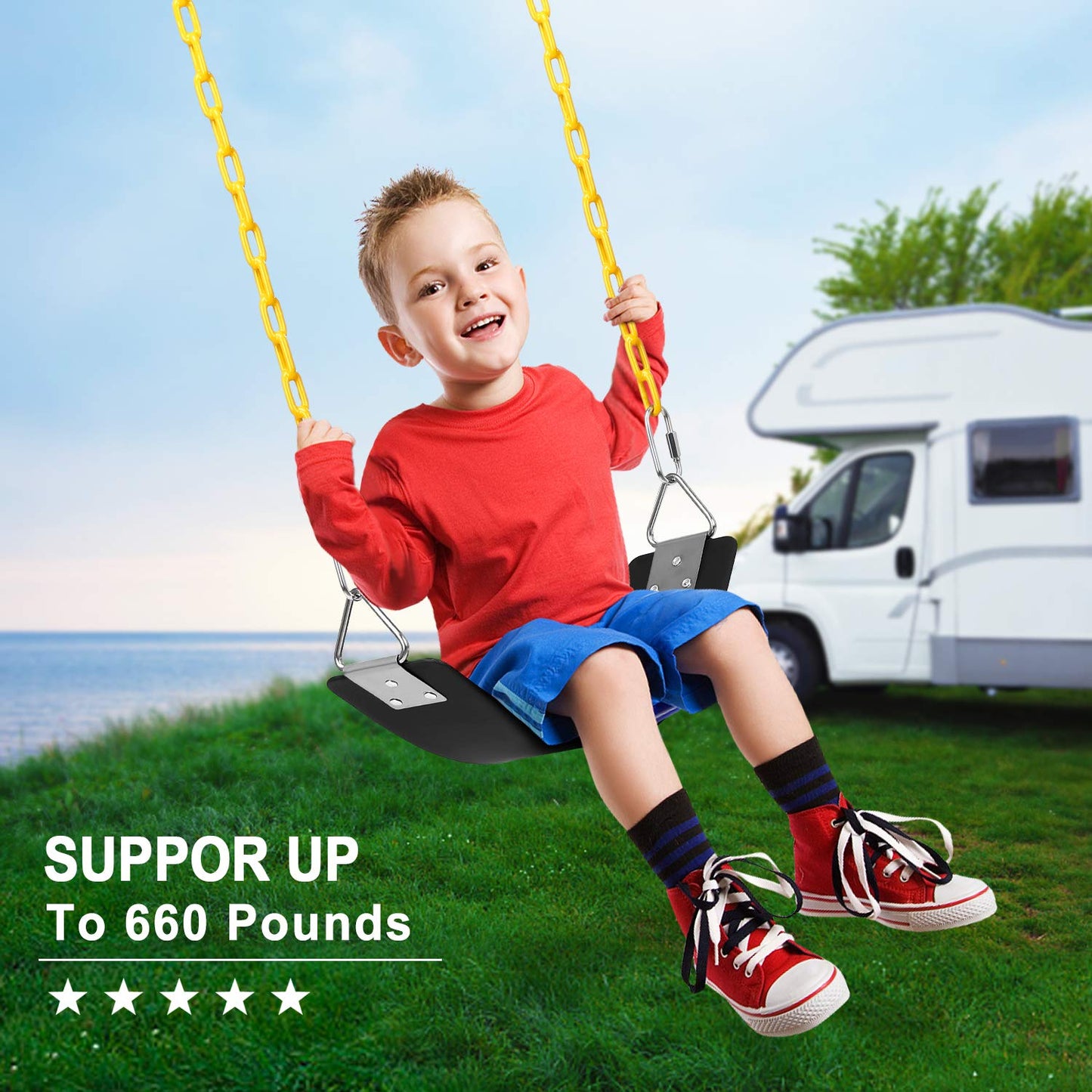 AGPTEK Swing Set, Seat with 66 Inch Anti-Rust Chains Thermoplastic Coated, Support 250lb, Cushion Accessories Replacement with Snap Hooks for Outdoors, Playground, Jungle & Gym - Black