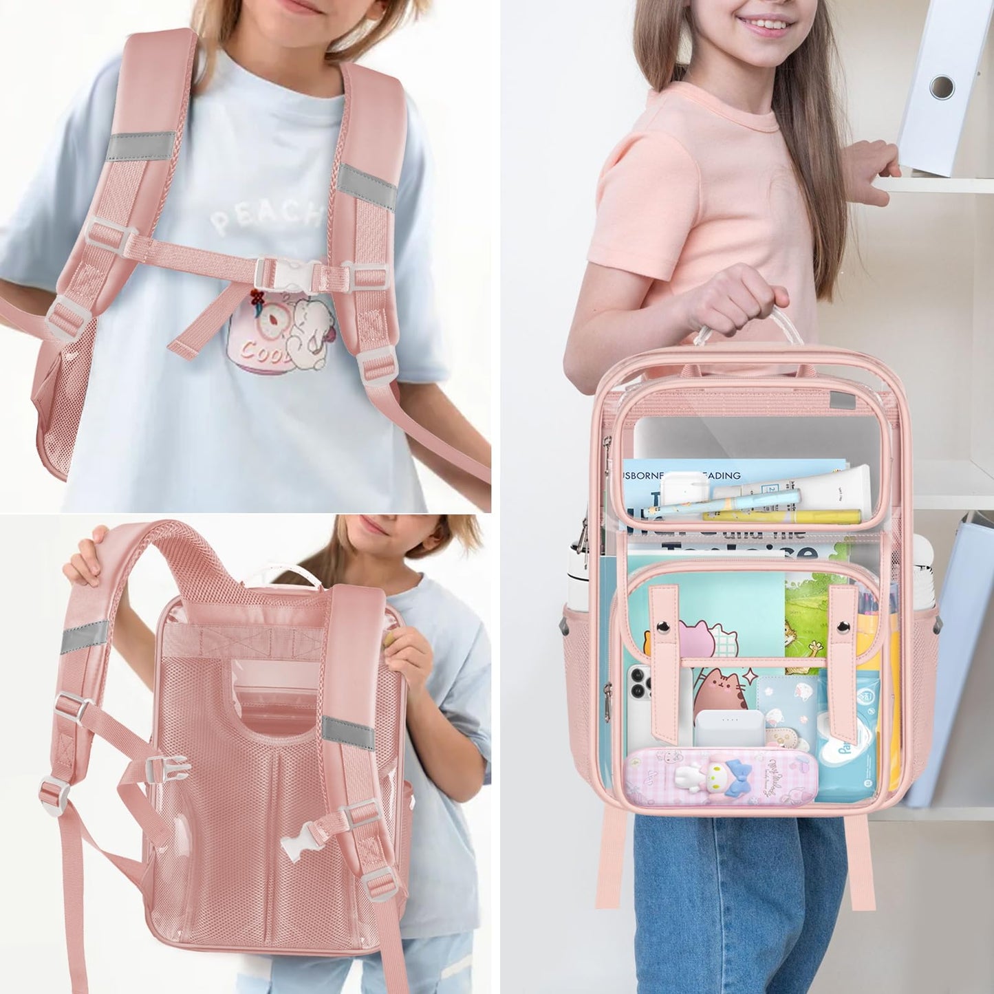 GEAMSAM Clear Backpack Heavy Duty, Transparent Bookbag with Reinforced Straps Multi-pockets PVC See Through Backpacks for College Work Travel - Pink