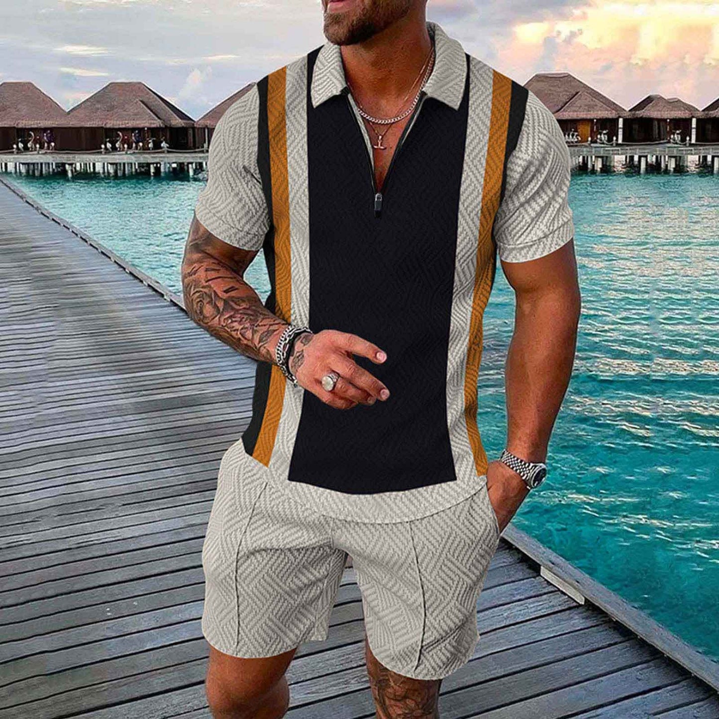 YWASYA Men Short Sets Outfits 2 Piece Casual Short Sleeve Golf Polo Shirts for Men and Shorts Beach Outfits Men's Tracksuits