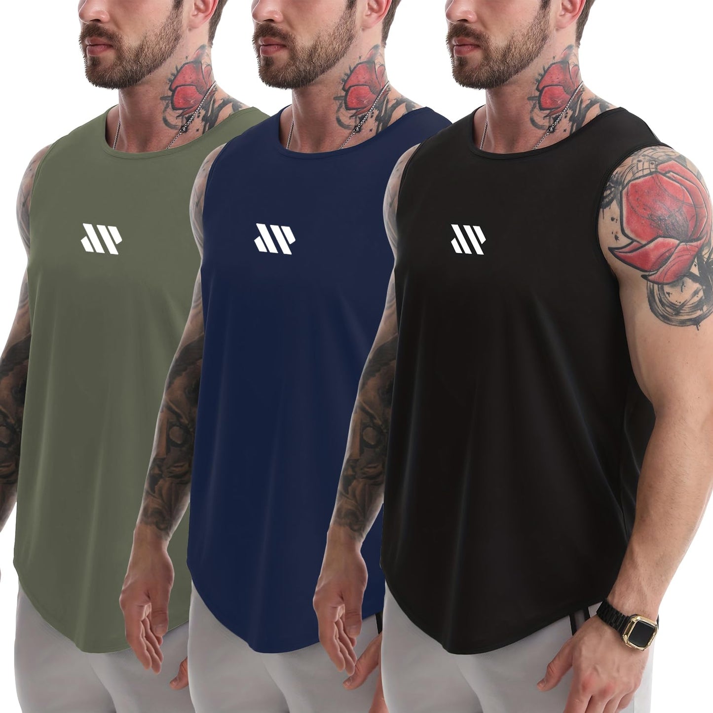 Tank Tops Men's 3 Pack Muscle Shirts Sleeveless Dry Fit Gym Workout Tank Top Mesh Material Quick Dry Athletic Running (US, Alpha, X-Large, Regular, Regular, Black+Navy Blue+Army Green)