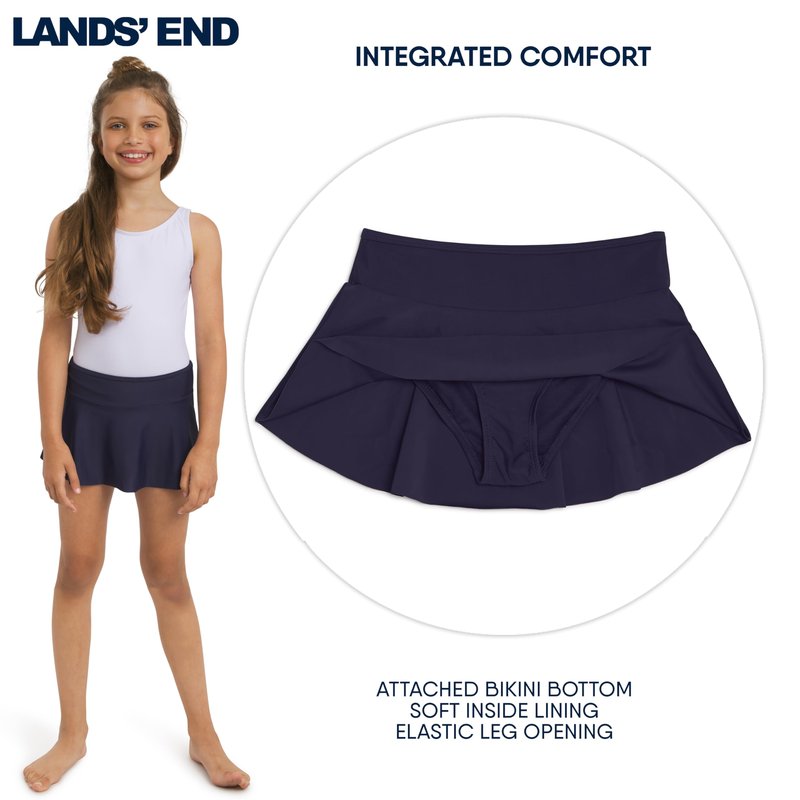 Lands' End Girls' Swim UPF 50+ Stretch Waist Attached Bikini Bottom Swim Skirt, Deep Sea Navy, X-Large
