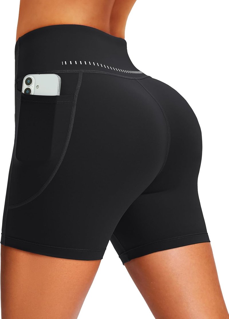 Women's 5-Inch Biker Shorts with Pockets - No Front Seam Compression for Yoga & Running