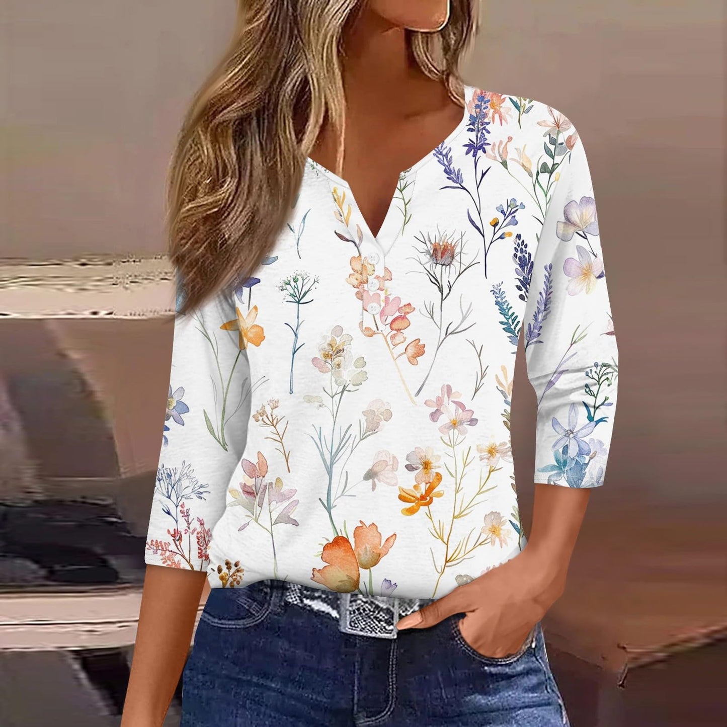 Summer Plus Size Shirts for Women Button V Neck 3/4 Sleeve Tops Dressy Henley Floral Print Tees Tunic Casual Blouses