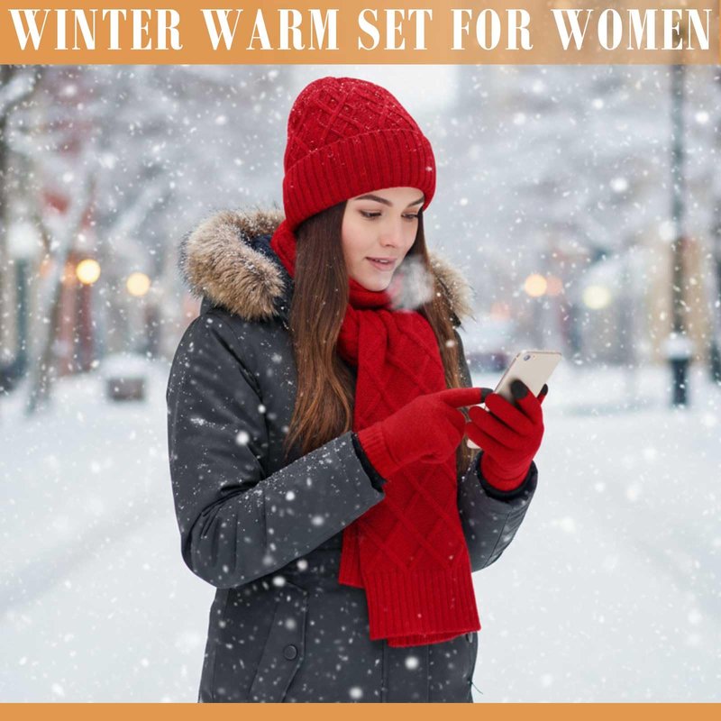 Geyoga 6 Pcs Winter Warm Set for Women Warm Beanies Hats Touchscreen Gloves Long Scarf Ear Muffs Socks Winter Gifts for Women(Red,Argyle)