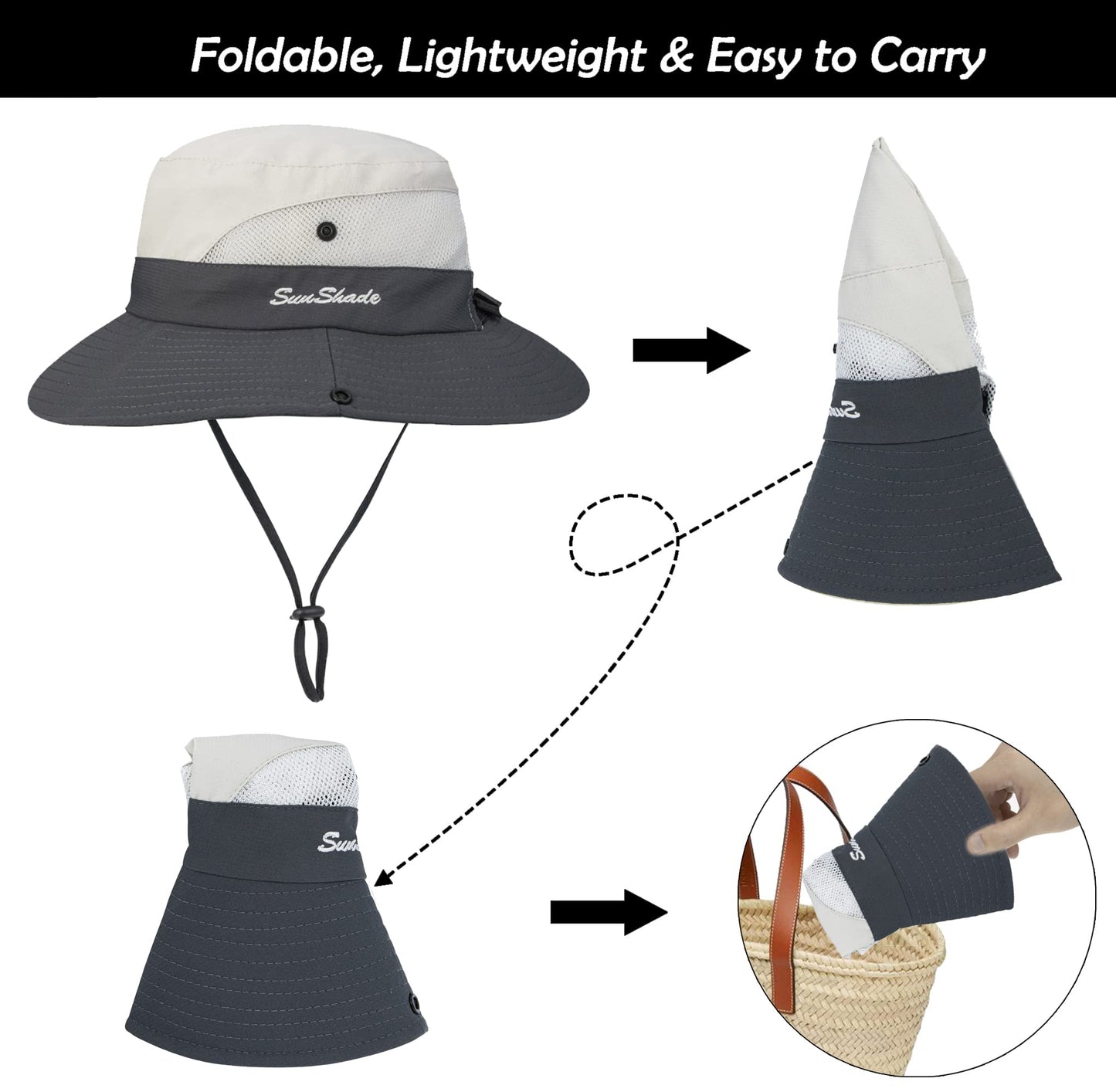 Women's Outdoor UV-Protection-Foldable Sun-Hats Mesh Wide-Brim Beach Fishing Hat with Ponytail-Hole Beige/Grey