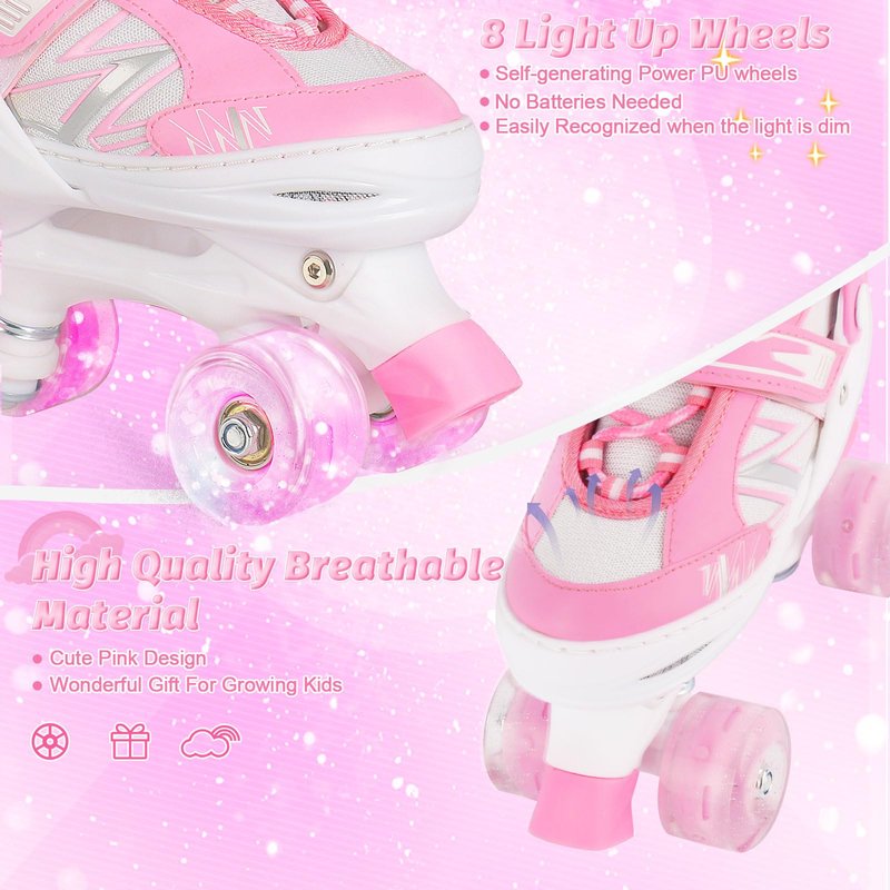 LIRENGUI Girls Roller Skates for Kids Children Beginner, Adjustable Kids Roller Skates with All Light Up Wheels for Sports, Pink & White (Medium 1-4 US)