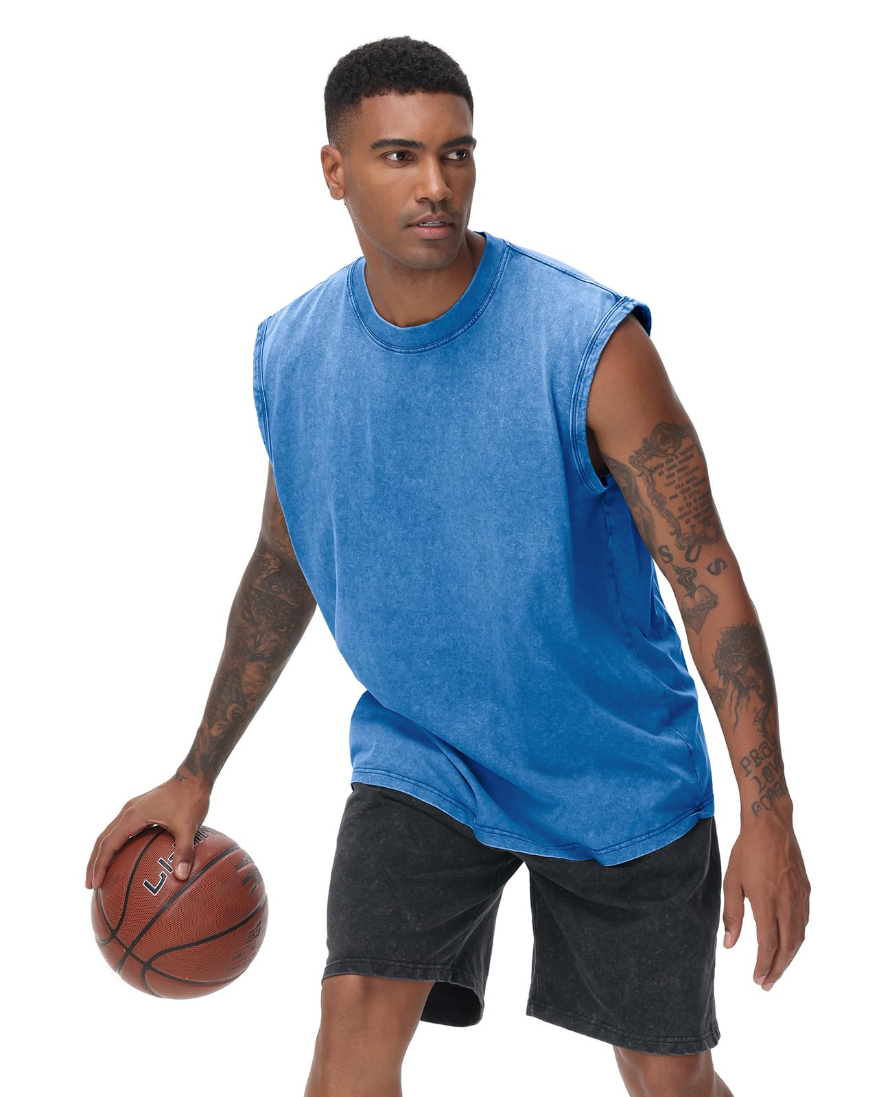 SnowElve 3 Pack Mens Workout Tank Tops Sleeveless Tee Shirts Men Muscle Shirt Gym Acid Wash T Shirts Running Beach Loose Fit Tee(AGBUCFBK,2XL)