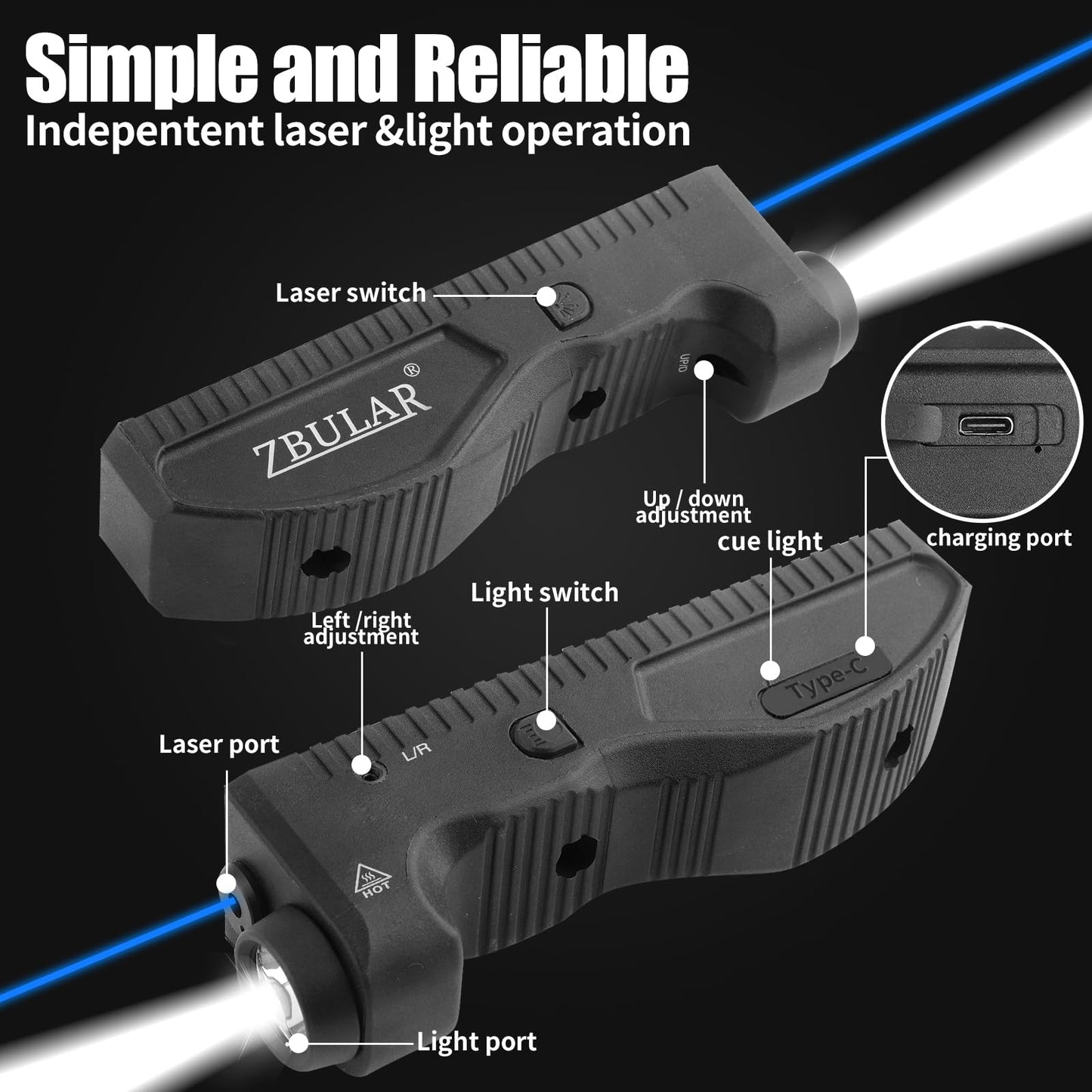 ZBULAR 1650 Lumens Strobe Function,Light Laser Combo Compatible with M-Lok Rail Surface, Tactical Flashlight and Blue Laser Sight,High Real Lumen,USB-C Rechargeable IIIA Class Laser Power Output ≤5mW