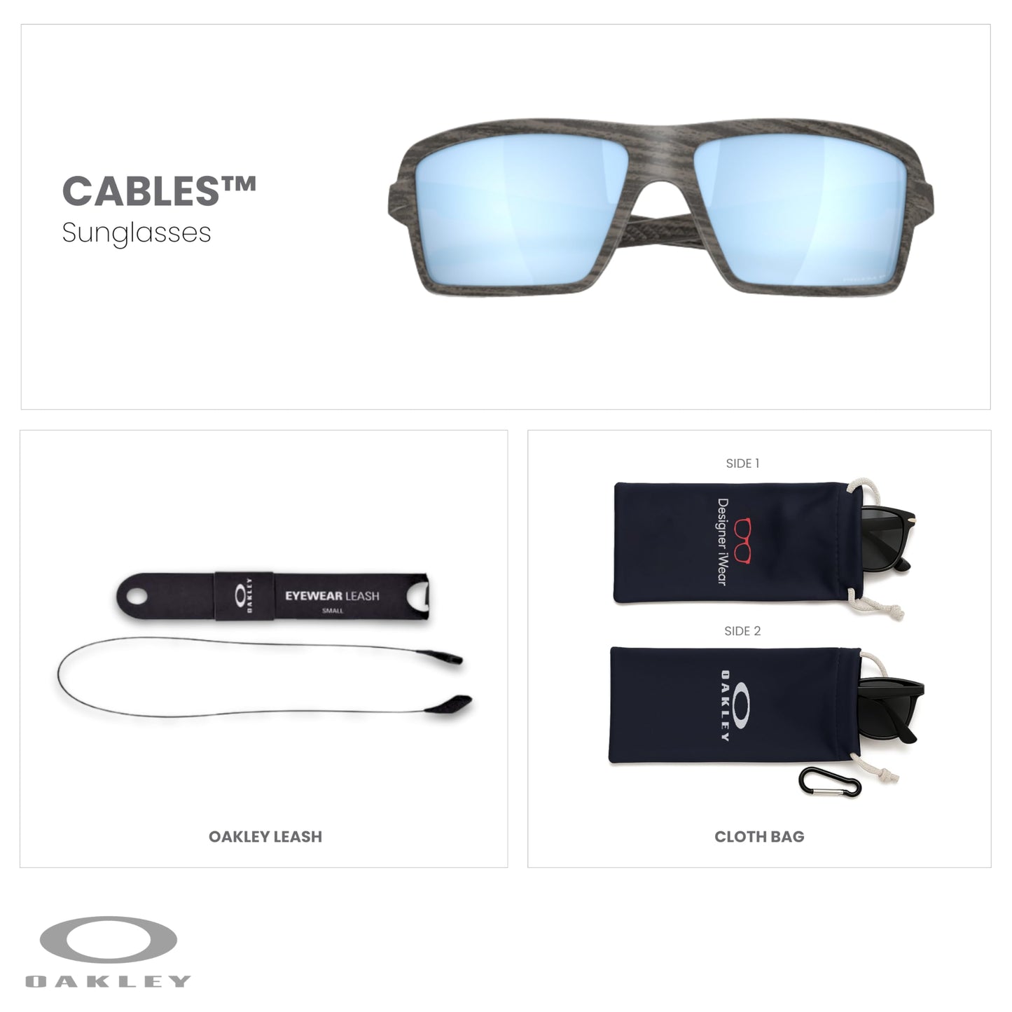 OAKLEY Cables OO9129 912906 63MM Woodgrain/Prizm Deep Water Polarized Rectangular Sunglasses for Men+ Bundle Accessory Leash Kit, Microfiber Pouch