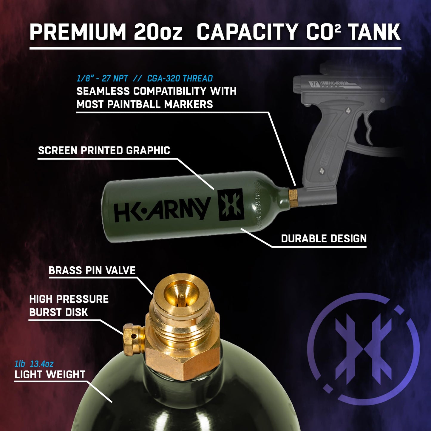 HK Army 20oz Aluminum CO2 Tank - High Pressure Compressed Air System for Paintball & Airsoft Gear - Olive