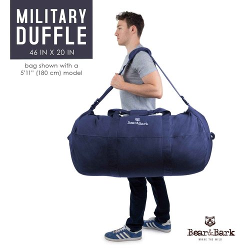 Bear & Bark Extra Large Duffle Bag - Blue 46"x20" - 236.8L - Canvas Military and Army Cargo Style Men/Women Duffel Tote - College Student, Dorm, Backpacking, X-Large Travel and Storage Shoulder Bag