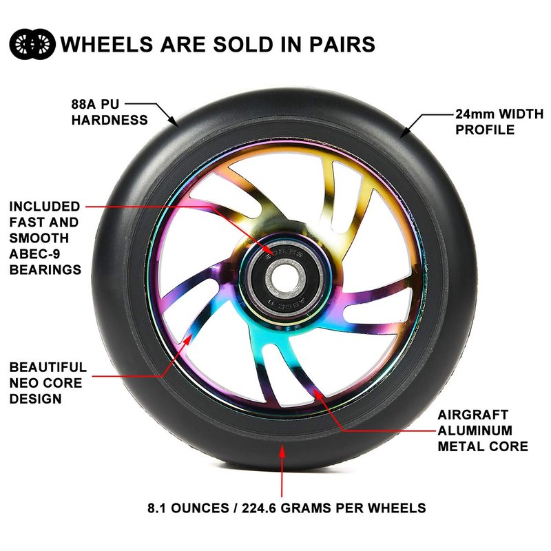Kutrick Complete 2pcs 110mm Pro Stunt Scooter Replacement Wheels with ABEC-11 Bearing -Neo Chrome