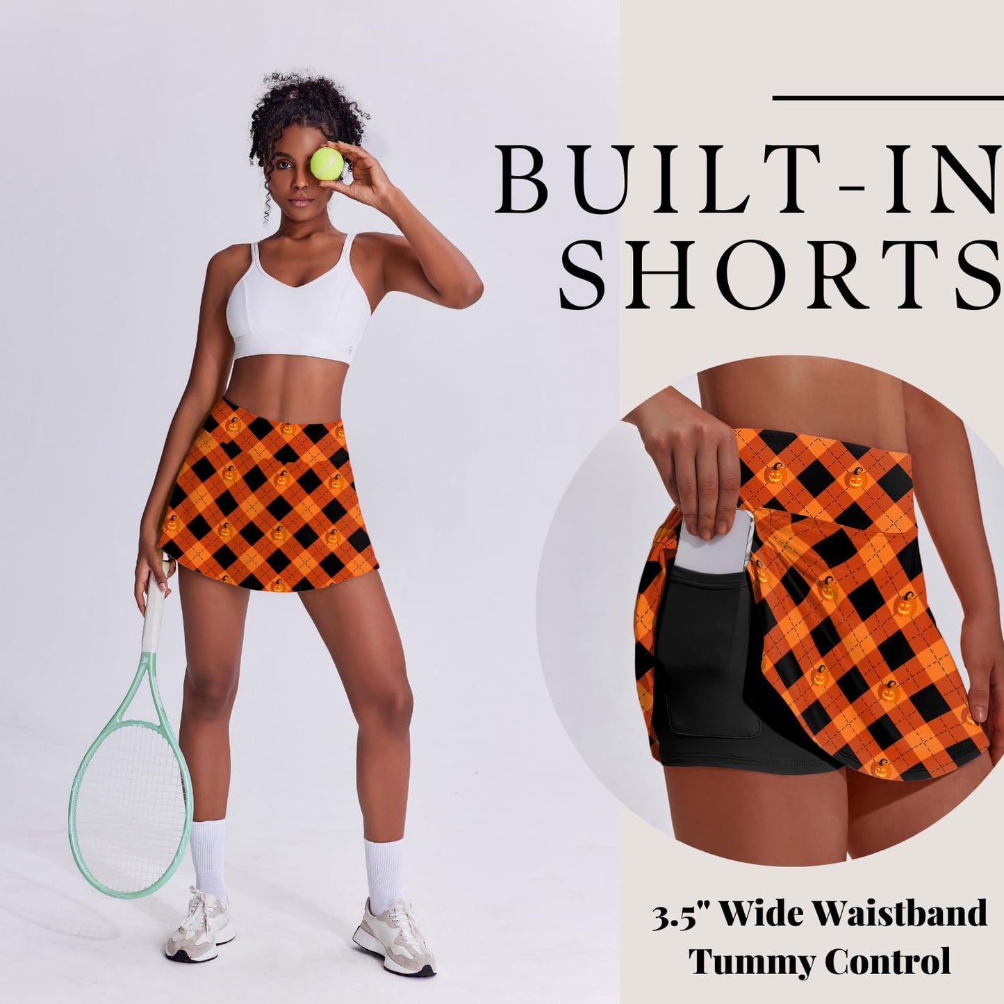 PINSPARK Tennis Skirts Women Pleated Athletic Skirt with Shorts Underneath Wicking Golf Skorts Activewear,Orange Print Small