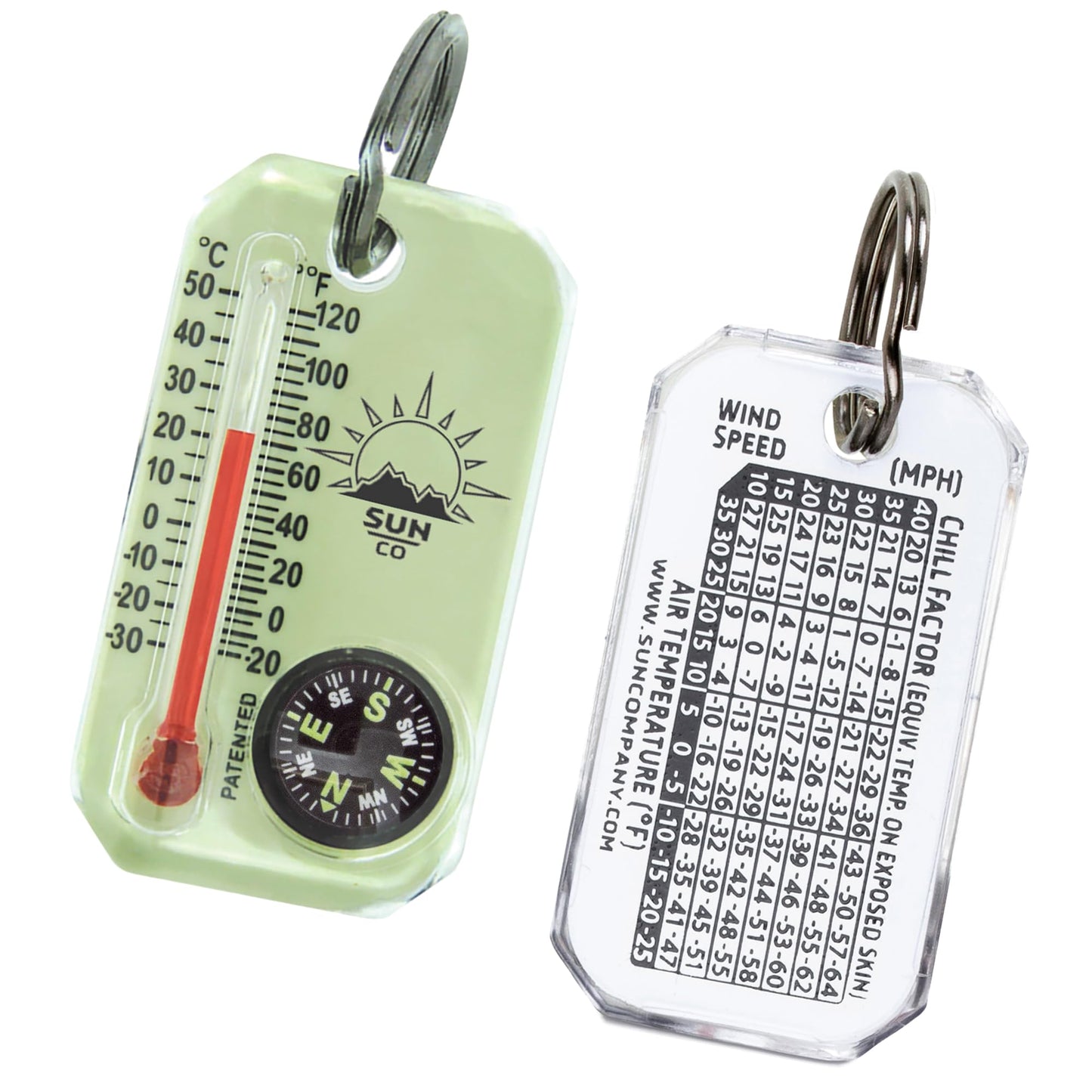 Sun Company LumaGage | Multi-Functional Glow-in-The-Dark Zipper Pull Compass & Thermometer with Wind Chill Chart | Ideal for Camping, Hiking, and Outdoor Navigation