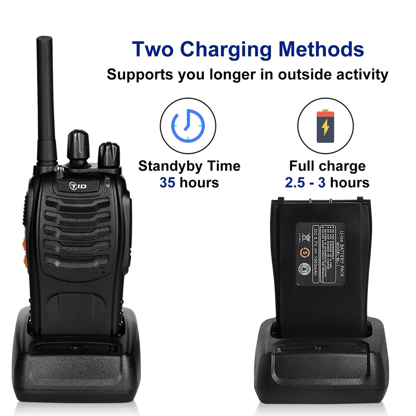 TIDRADIO TD-V2 Walkie Talkies for Adults Long Range, Rechargeable Two Way Radio Earpiece with MIC,16 Channels Handheld Walkie-Walkie(2 Pack, Black)