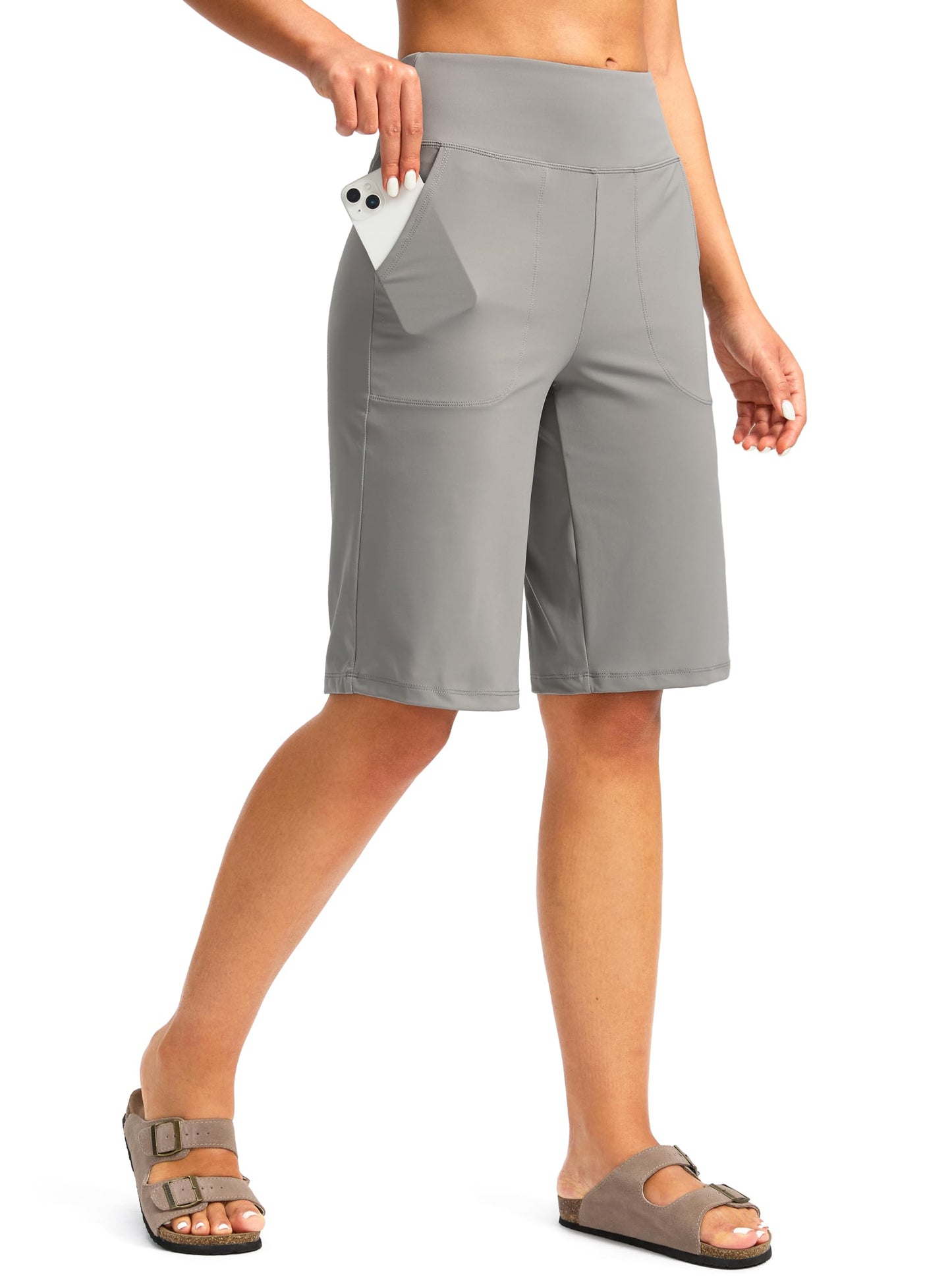 Women's Bermuda Shorts 12" Knee Length with Pockets High Waisted Stretch Long Shorts for Women Casual Walking (Light Grey,XXL)