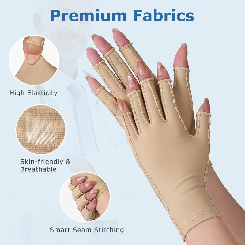 NURCOM Compression Arthritis Gloves Support for Women & Men, Relieve Pain & Swelling from Arthritis, Carpal Tunnel, Tendinitis, Tendonitis, Single Glove for Left & Right Hand, Open Finger Beige Large