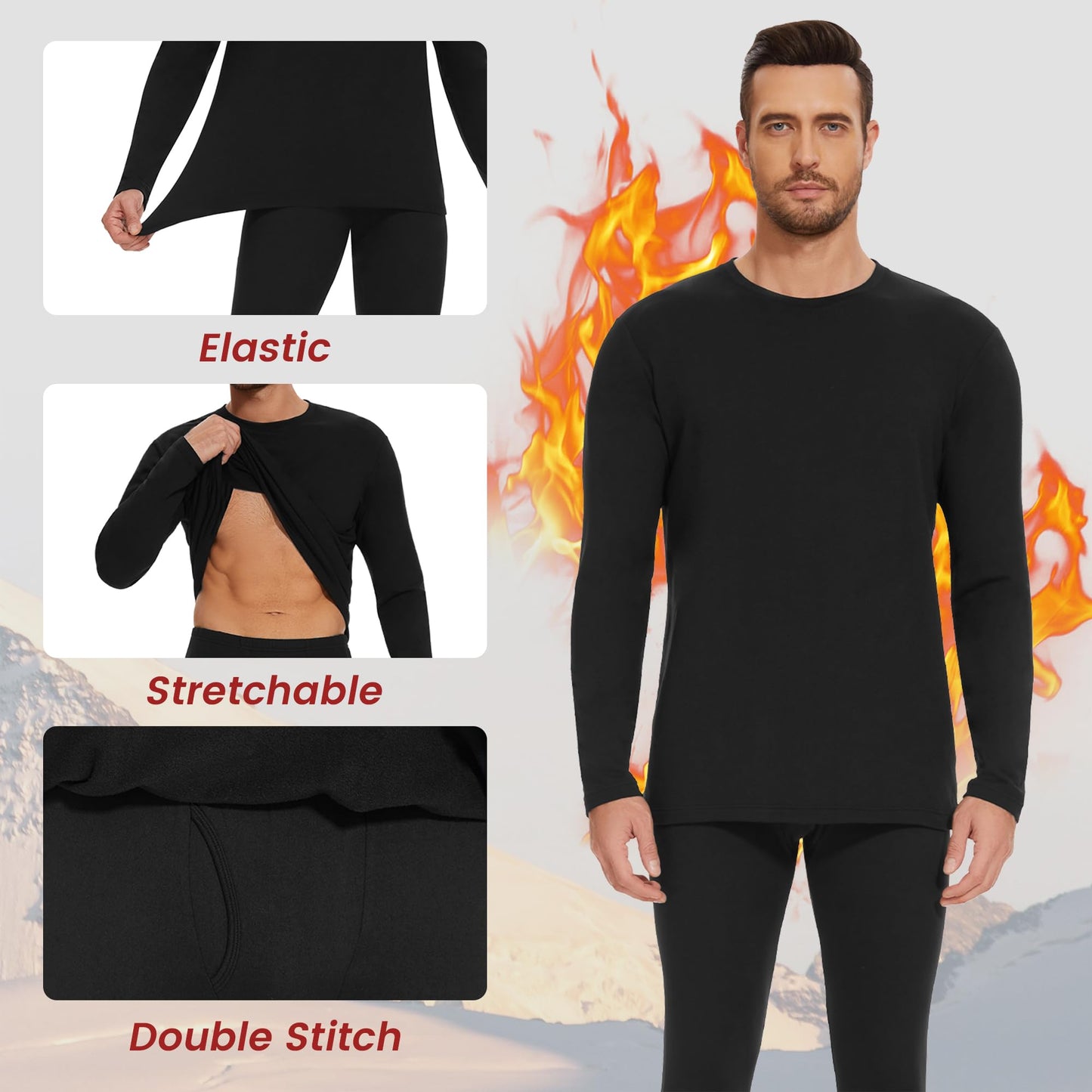 OBFUN Thermal Underwear for Men Long Johns Set - Fleece Lined Base Layer for Cold Weather Winter Clothes Black Large